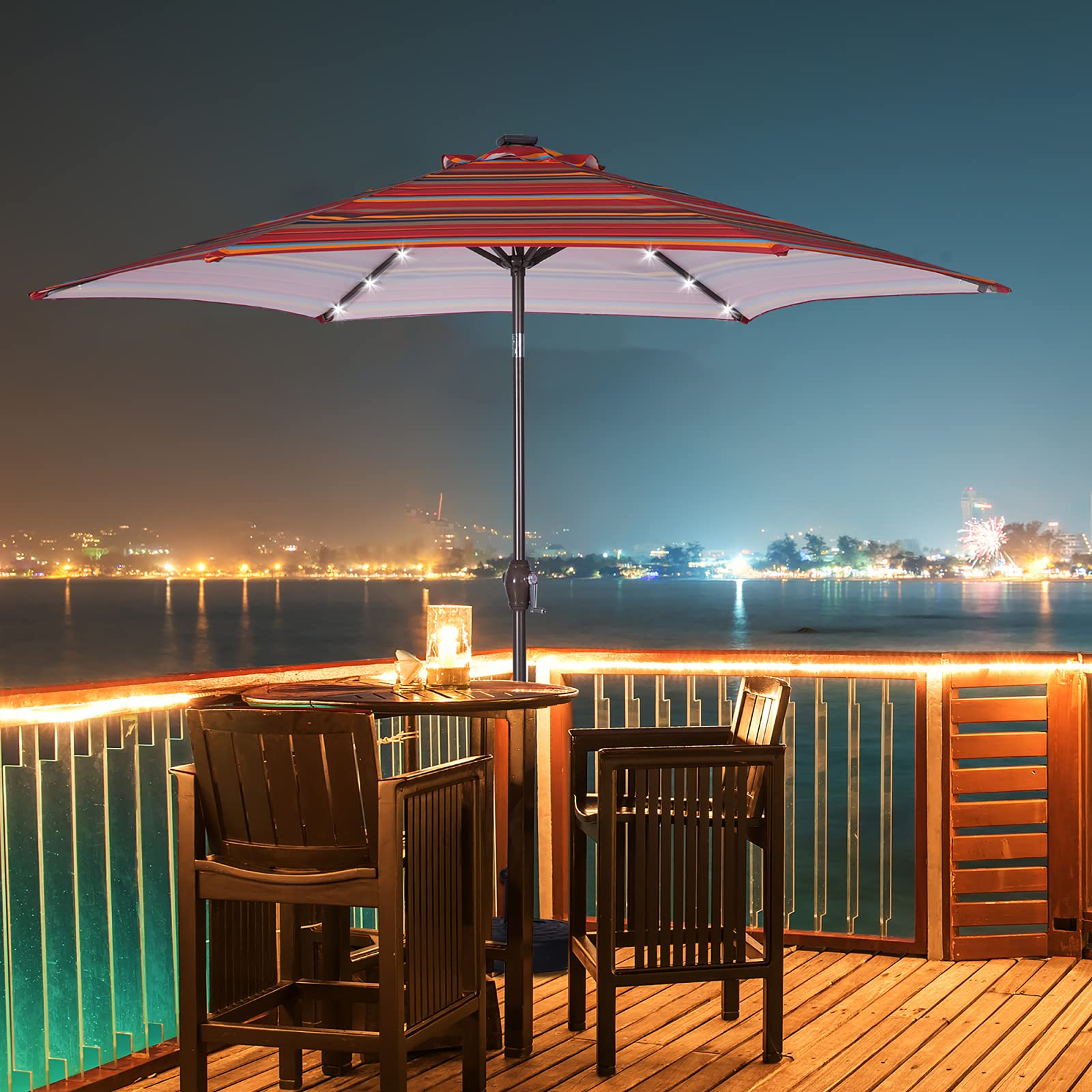 Lazyspace 8.7-Ft Outdoor Patio Market Umbrella with Push Button Tilt & Crank - Red Stripes Design with 24 LED Lights (Umbrella Base Sold Separately) - Perfect for Backyard, Poolside, Restaurant and Outdoor Dining Areas