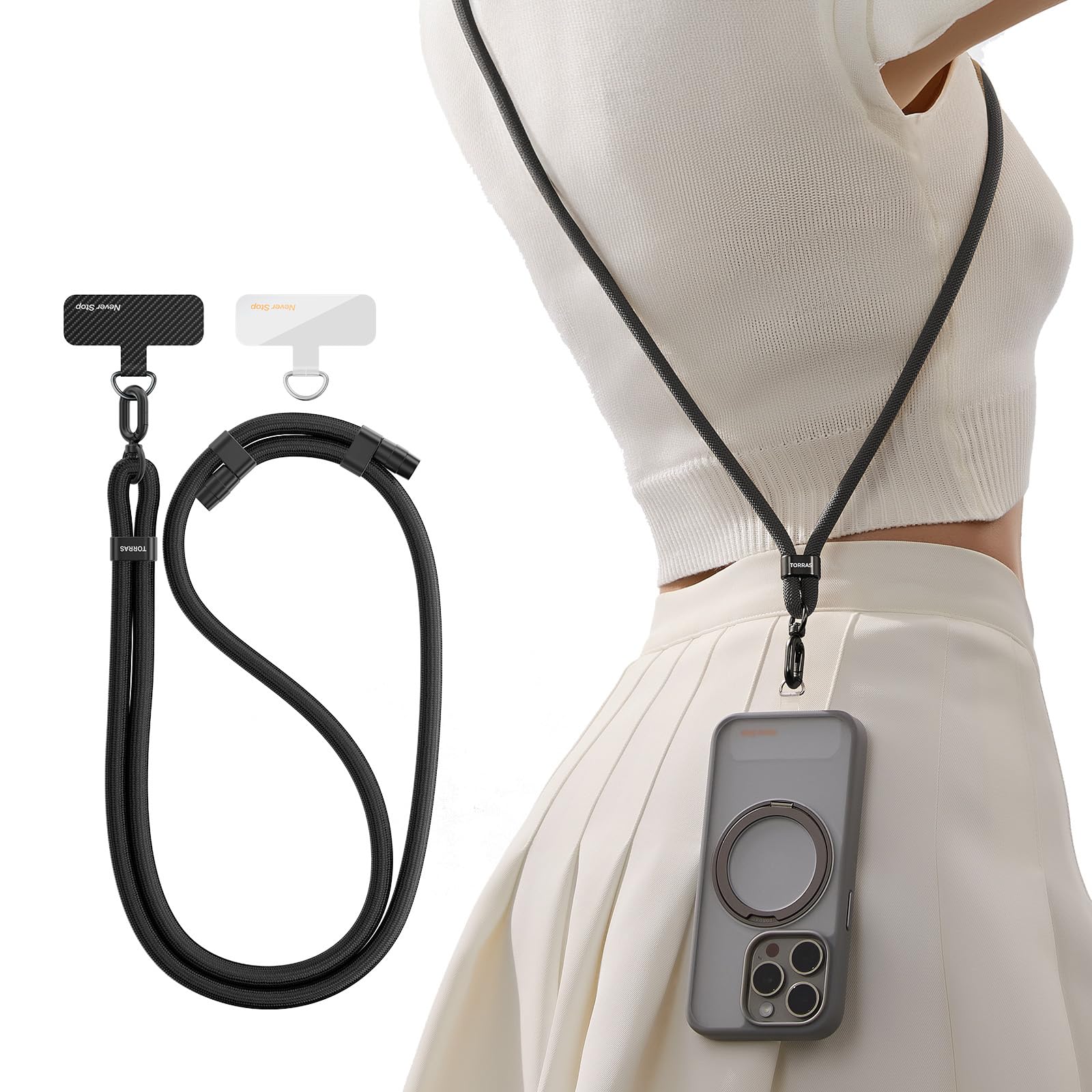 TORRAS Adjustable Anti-Theft Phone Lanyard with 2 Phone Tabs - Universal Crossbody Strap for All Smartphones - Premium Metal Buckles & Skin-Friendly Design - Travel Essentials (Black) | Perfect for Travel, Shopping, Concerts & Outdoor Activities