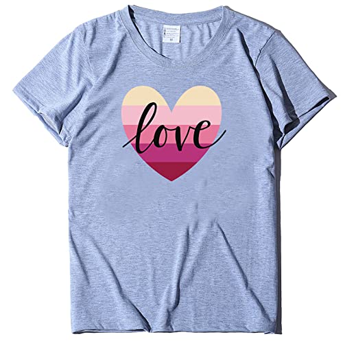 FMCHICO Women's Casual Short Sleeve T-Shirt - Loose Fit Heart Print Blouse, Valentine's Day Gift, Perfect for Date Night & Summer Outfits
