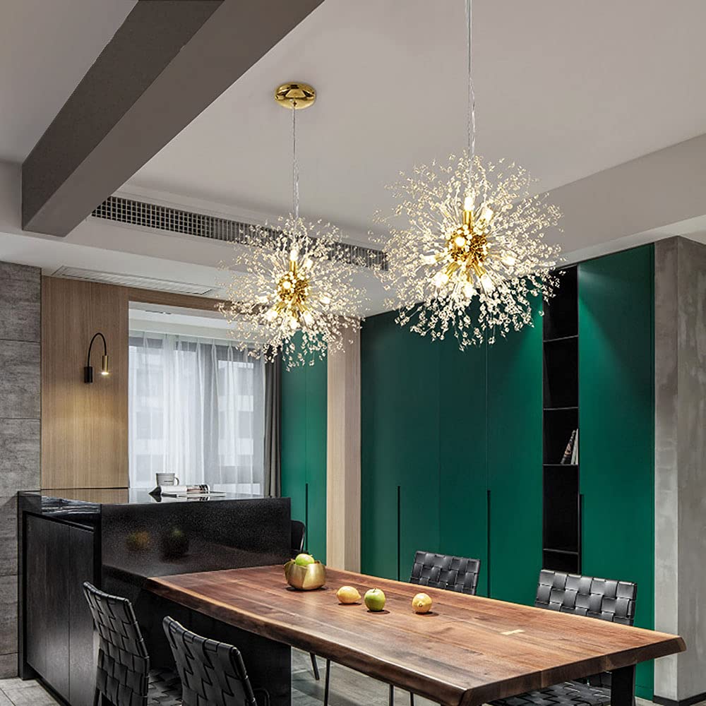 Qamra Modern Gold Crystal Chandelier - 9-Light Firework Dandelion Sputnik Pendant Lighting Fixture for Dining Room, Bedroom, Kitchen & Living Room | Elegant Ceiling Light for Home Decor, Wedding & Restaurant Lighting