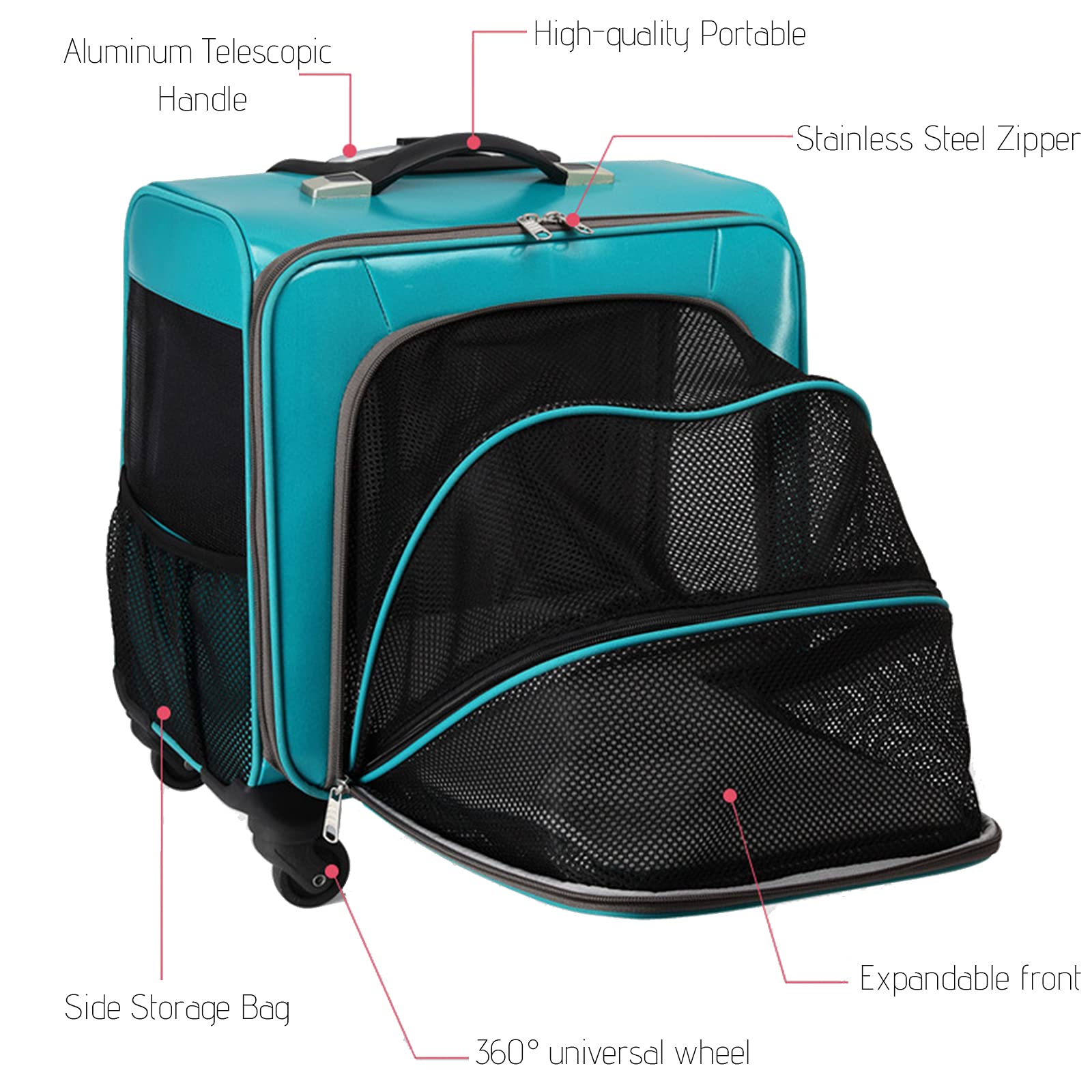 Expandable Pet Rolling Travel Carrier with Wheels - Soft Sided Pet Stroller Bag for Dogs & Cats - Breathable Mesh Ventilation Windows & Telescopic Handle - Perfect for Air Travel, Road Trips & Vet Visits