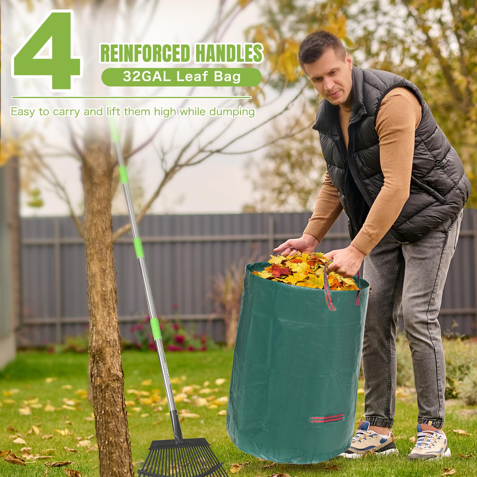 **JOYHALO 65 Inch Metal Leaf Rake with 25 Tines - 32 Gallon Leaf Bags & Scoop Included - 18in Wide Garden Rake for Lawns, Yard, Camping & Shrub Cleaning - Heavy Duty Outdoor Rake for Leaves, Grass & Bush Maintenance**    *(Perfect for Fall Cleanup, Gardening, Landscaping, and Outdoor Yard Work)*