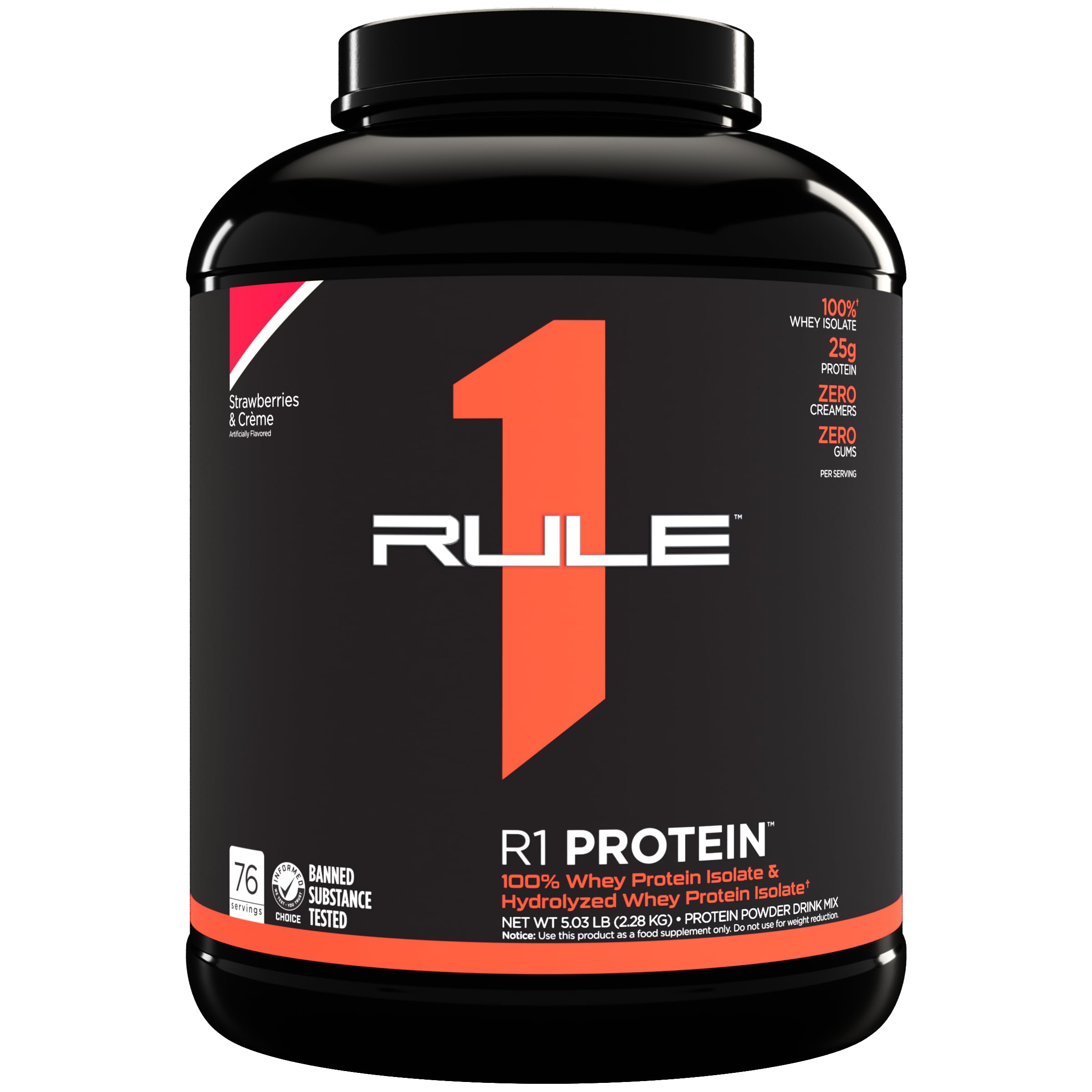 Rule One Proteins R1 Protein Powder - Strawberries & Cream, 25g Fast-Absorbing 100% Whey Protein Isolate & Hydrolysate with 6g BCAAs for Muscle Growth & Recovery, 5lb (2.27kg) - Perfect for Post-Workout Shakes, Smoothies & Healthy Breakfasts