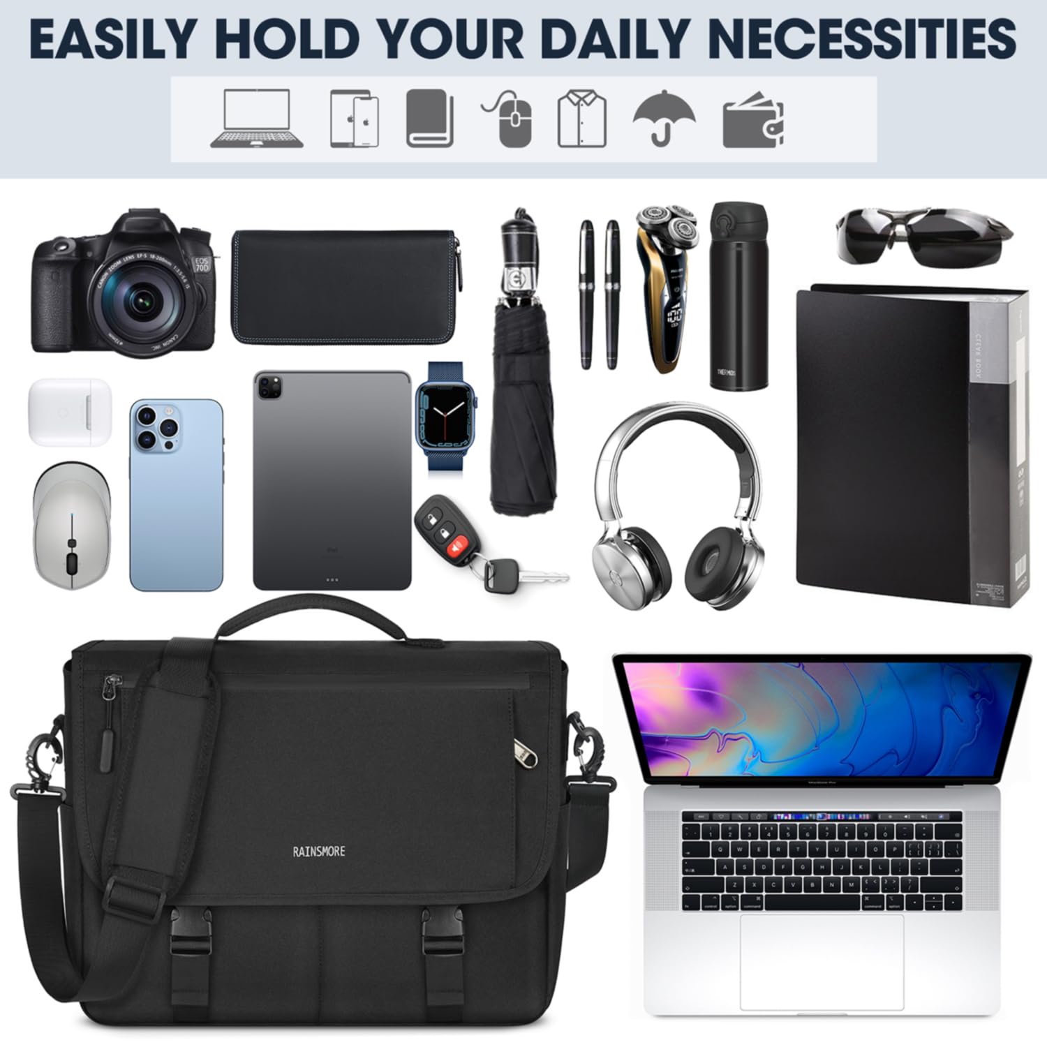 RAINSMORE Water Resistant Messenger Bag for Men - 15.6 Inch Laptop Bag, Durable College & Office Satchel, Casual Crossbody Shoulder Bag for Work, Travel & Daily Commute - Black