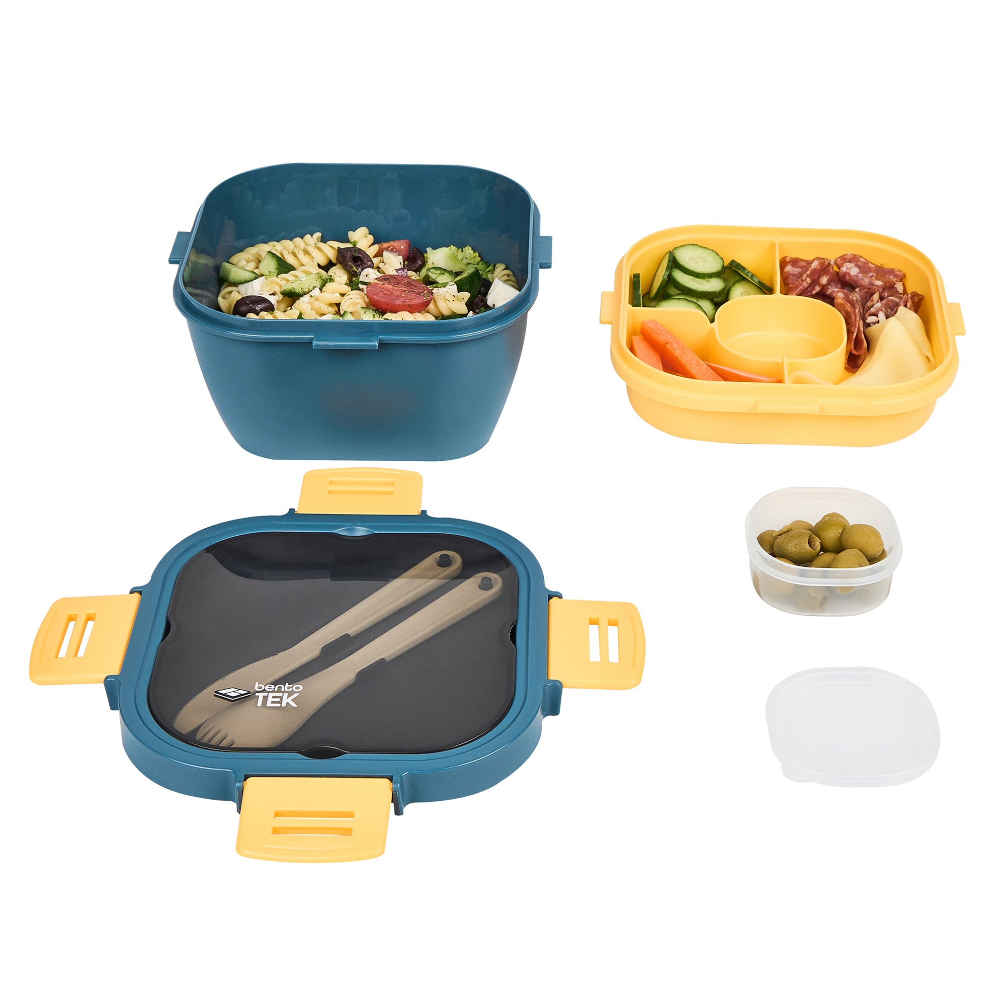 Bento Tek 58oz BPA Free Lunch Box Set - Blue & Yellow Microwave Safe Food Container with Fork & Knife (7.25