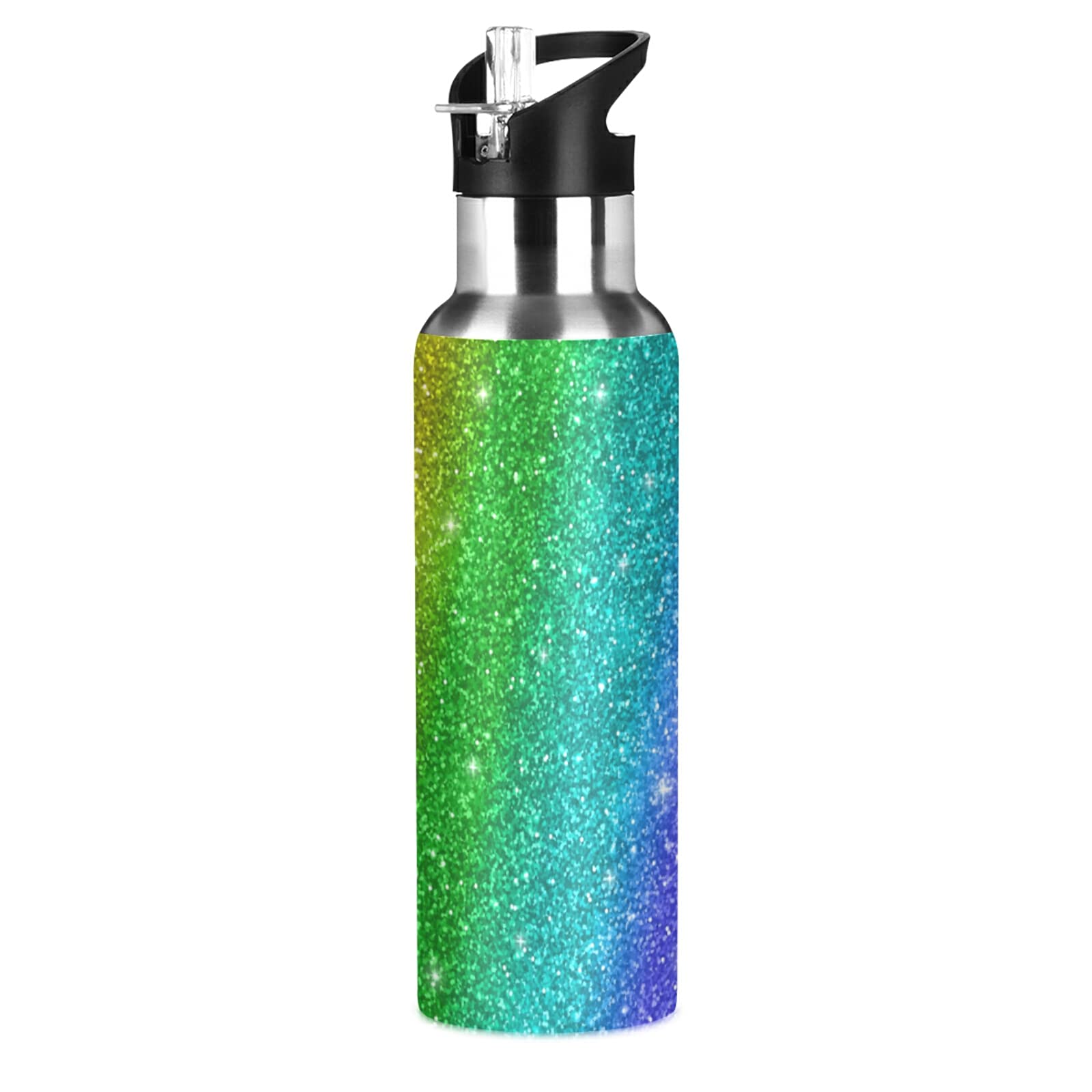 SUABO 20oz Insulated Stainless Steel Water Bottle with Straw - Rainbow Glitter Design for Kids, Teens & Adults | BPA Free Leakproof Sports Bottle for School, Gym, Hiking & Outdoor Activities