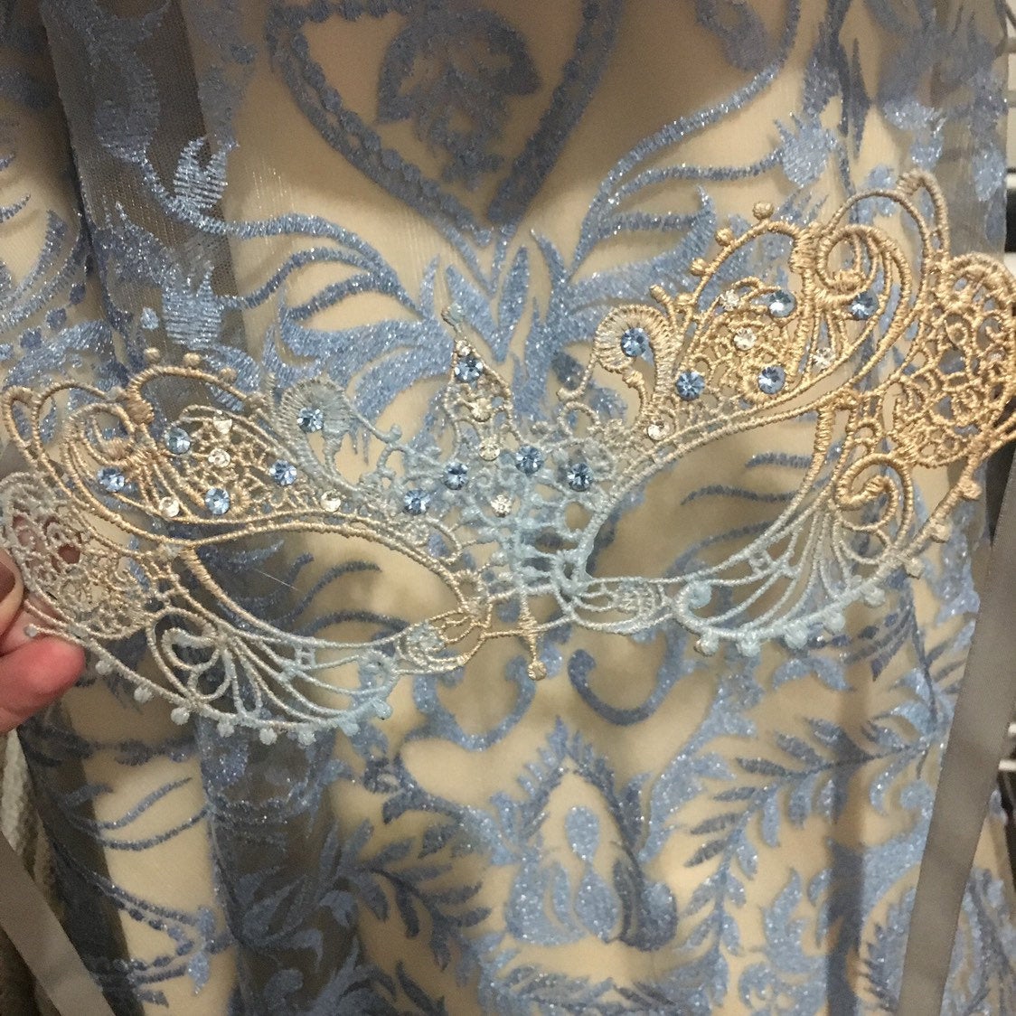 Ana Lace Mask Light Blue & Gold - Elegant Face Covering for Weddings, Parties & Special Occasions