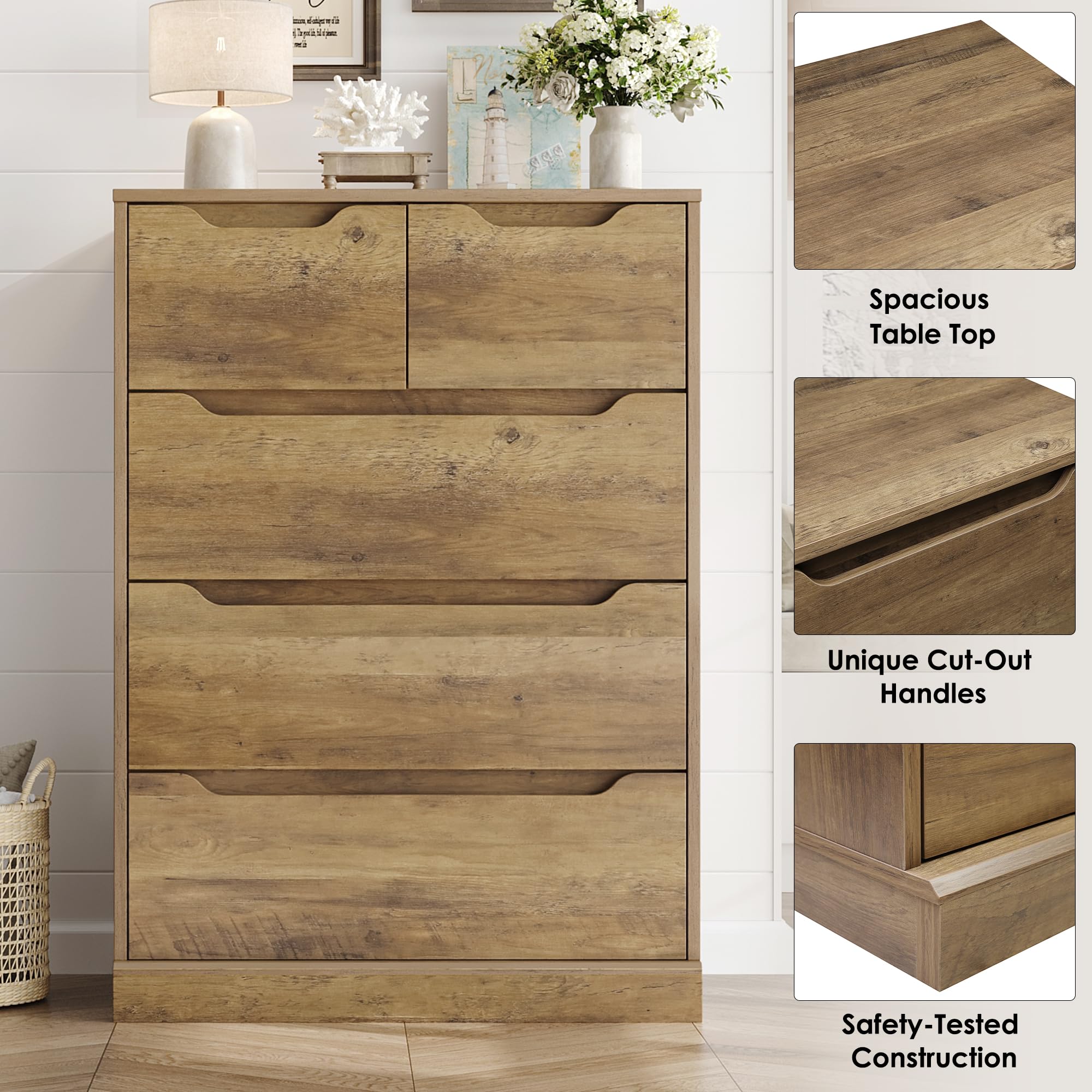 HOSTACK Modern 5-Drawer Wooden Dresser with Storage - Rustic Brown Chest of Drawers for Bedroom, Living Room, Entryway & Hallway - Space-Saving Storage Cabinet with Cut-Out Handles for Clothes, Linens & Home Organization