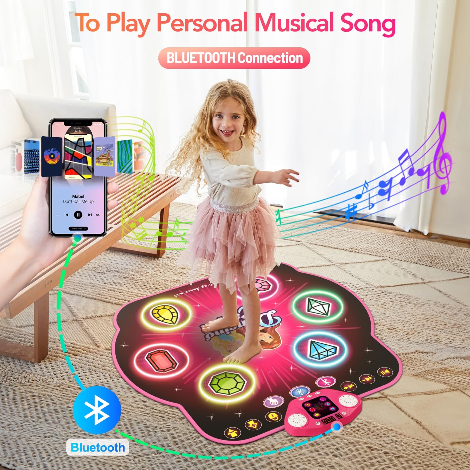 Bluetooth Dance Mat for Kids Ages 3-12 - 8 Light Up Buttons, 7 Game Modes, Music Dance Game Toy - Perfect Christmas & Birthday Gift for Girls & Boys - Fun for Parties, Indoor Play & Family Game Nights