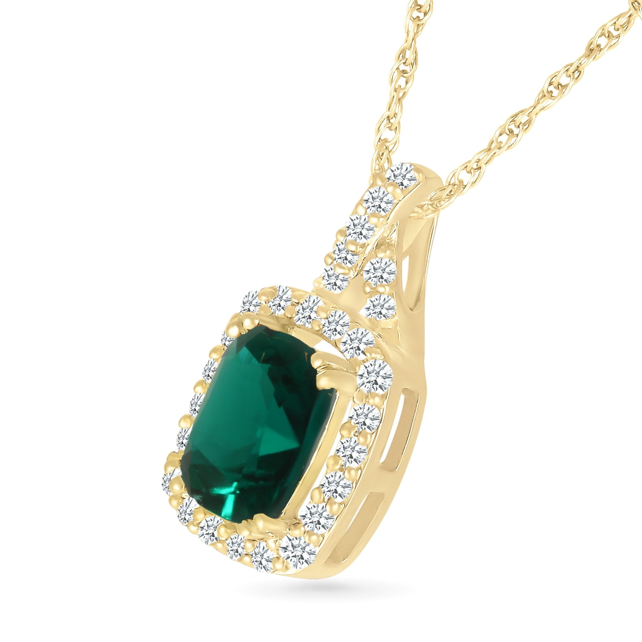10k Yellow Gold Cushion Cut Emerald Pendant with White Sapphire Halo - Elegant Dainty Jewelry for Women, Perfect Gift for Anniversary, Birthday & Special Occasions