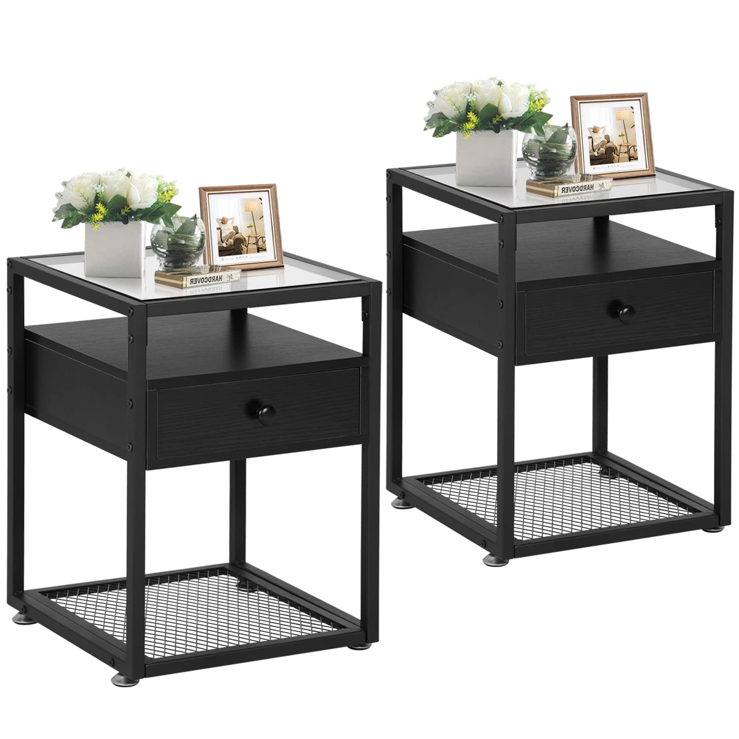 VECELO Modern Nightstand Set of 2 - Black Bedside Table with Tempered Glass Top & Metal Shelf, End Table with Storage Drawer - Perfect for Bedroom, Living Room, Lounge & Office Decor