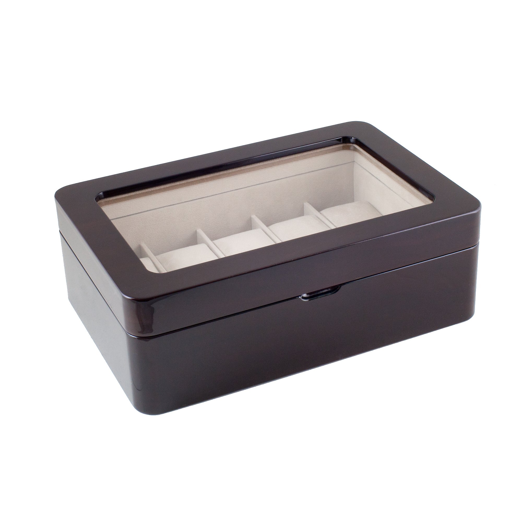 Premium Glossy Espresso Wood Watch Box with Glass Top - Holds 10 Watches - Luxury Watch Storage & Display Case for Collectors - Perfect for Dressers, Closets & Gift Giving