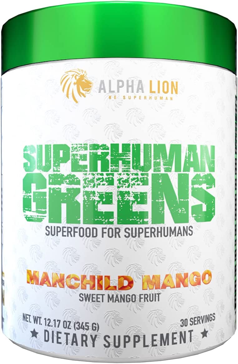 Alpha Lion SuperHuman Greens 345g - Premium Superfood Powder with Manchild Mango Flavor for Men's Health & Energy Boost - Perfect for Post-Workout Recovery & Daily Nutrition Support