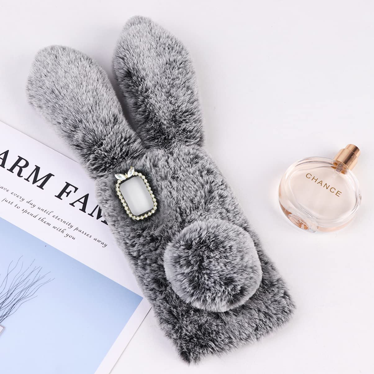 Fluffy Rabbit Plush Phone Case for Samsung Galaxy A03s - Cute Cartoon Soft Protective Cover with Anti-Slip Grip (Dark Grey) | Perfect Gift for Girls, Teens & Kawaii Lovers | School, Work, Travel & Daily Use