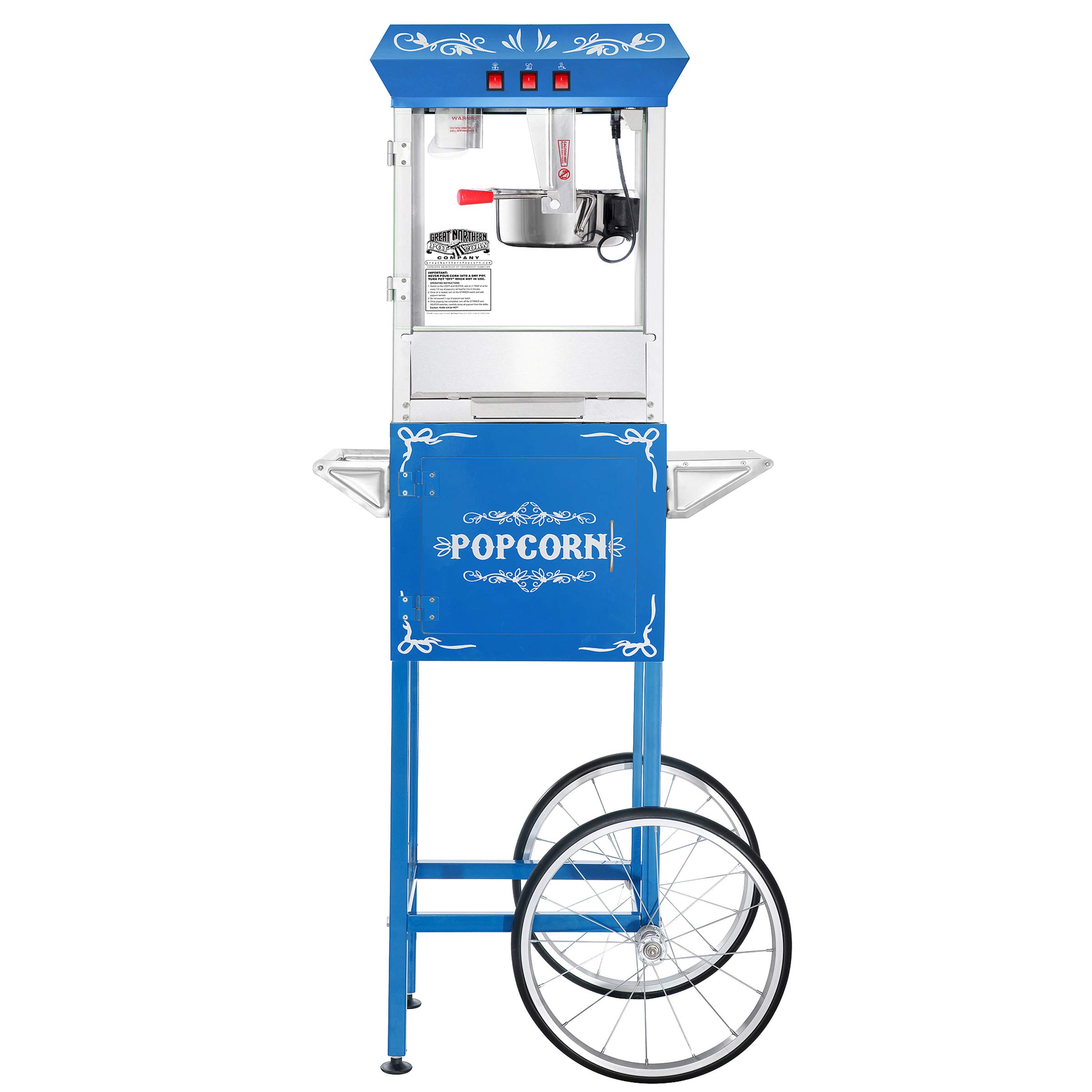 Great Northern Popcorn Commercial 8oz Popcorn Machine with Cart - Stainless Steel Kettle, Warming Light & Accessories - Perfect for Movie Nights, Parties & Concession Stands (Blue)