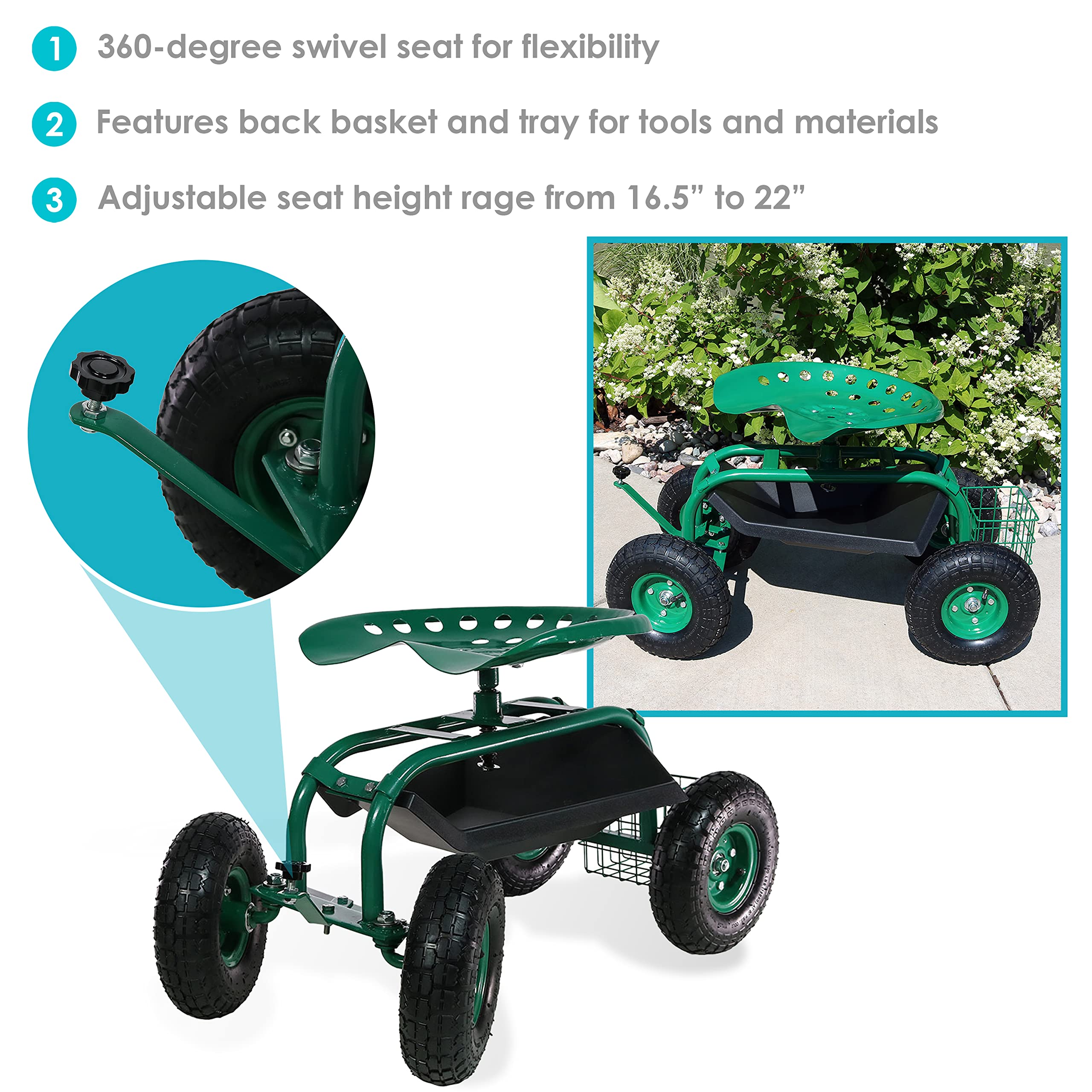 Sunnydaze Rolling Gardening Cart with Adjustable 360-Degree Swivel Seat - Utility Tool Tray & Storage Basket - Green Outdoor Garden Cart for Planting, Weeding & Yard Work
