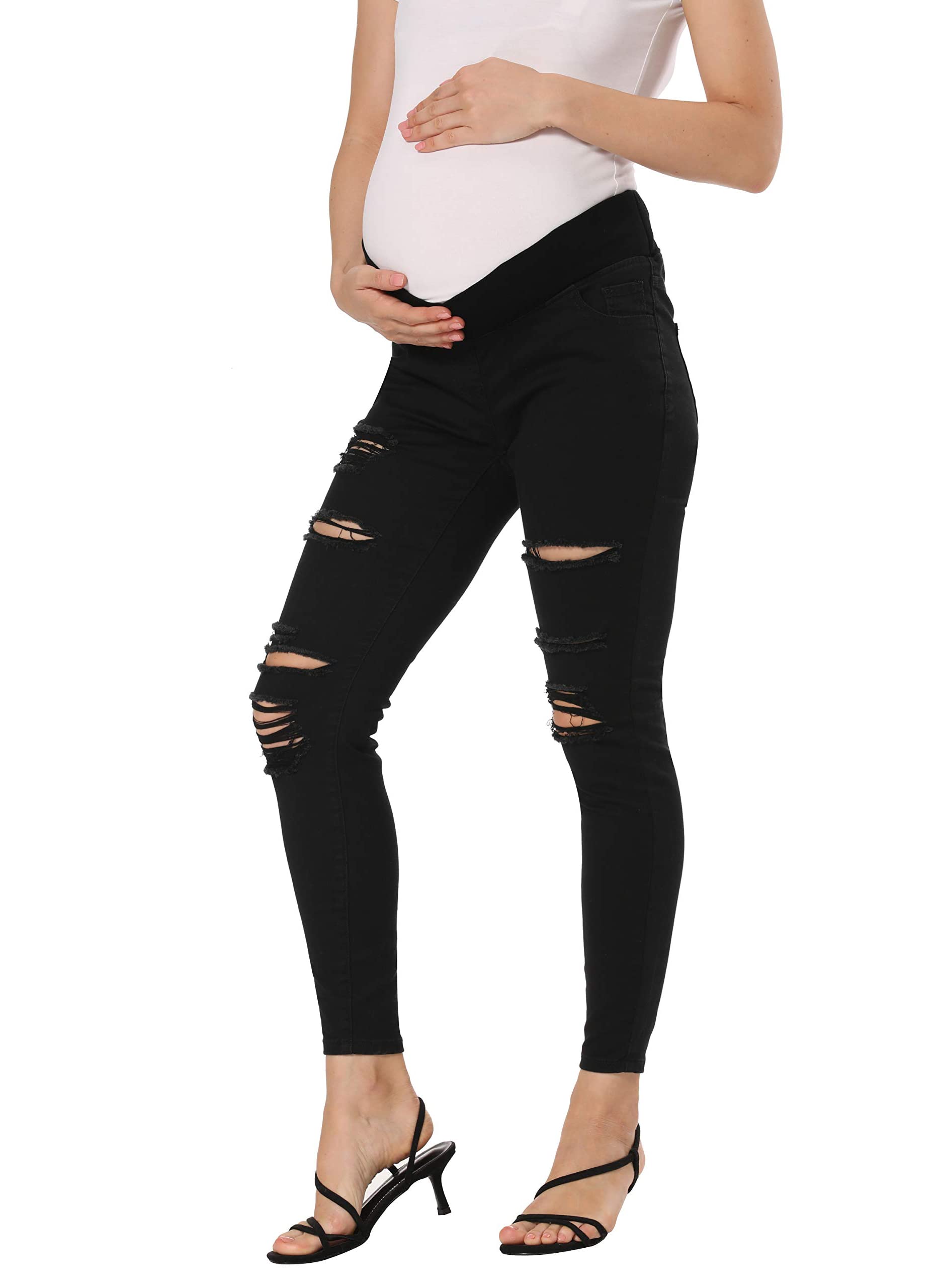 V VOCNI Maternity Jeans for Women - Stretch Skinny Boyfriend Jeans with Ripped & Distressed Details - Comfortable Pregnancy Pants for Casual Wear & Everyday Outfits
