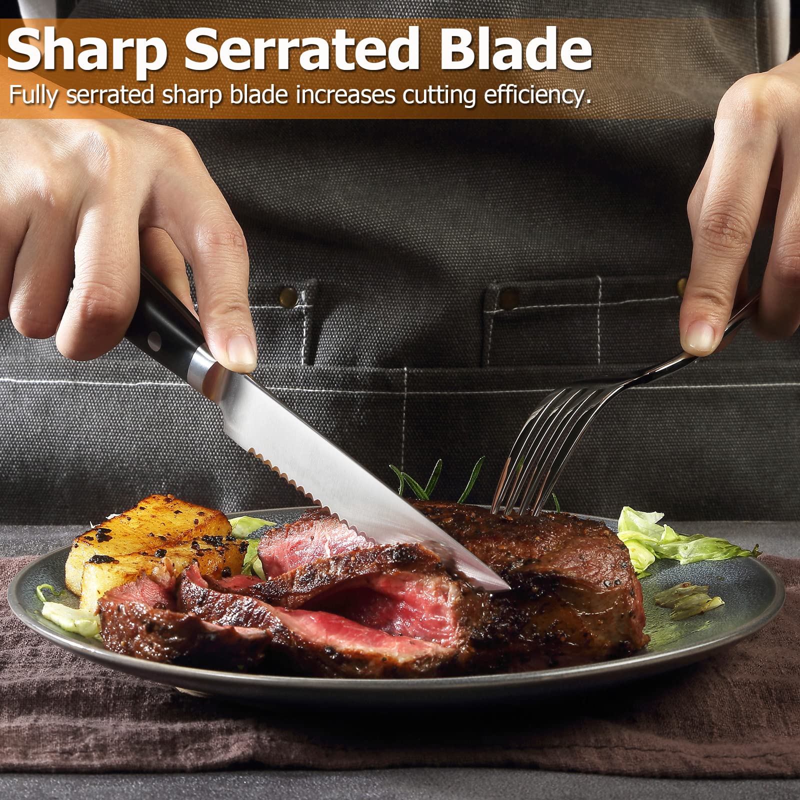 Premium 8-Piece Steak Knife Set - High Carbon Stainless Steel Serrated Blades with Full Tang Handle, 4.5 Inch Black Dinner Knives in Gift Box - Perfect for Steakhouse-Style Dining, BBQ Parties & Wedding Registry Gifts