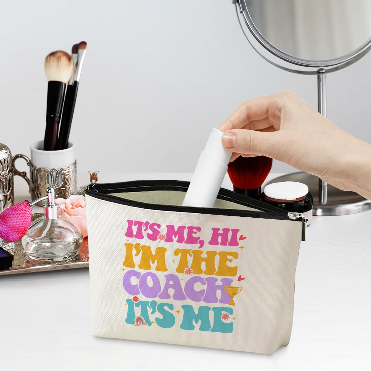 Jeilink Funny 'I'm the Coach' Makeup Bag - Best Appreciation Gift for Basketball, Soccer, Cheer, Gymnastics & Football Coaches - Perfect Thank You Present for Women, Best Friend or Coworker (Birthday, Coach's Day, End of Season) - Great for Travel, Gym & Daily Cosmetics Storage