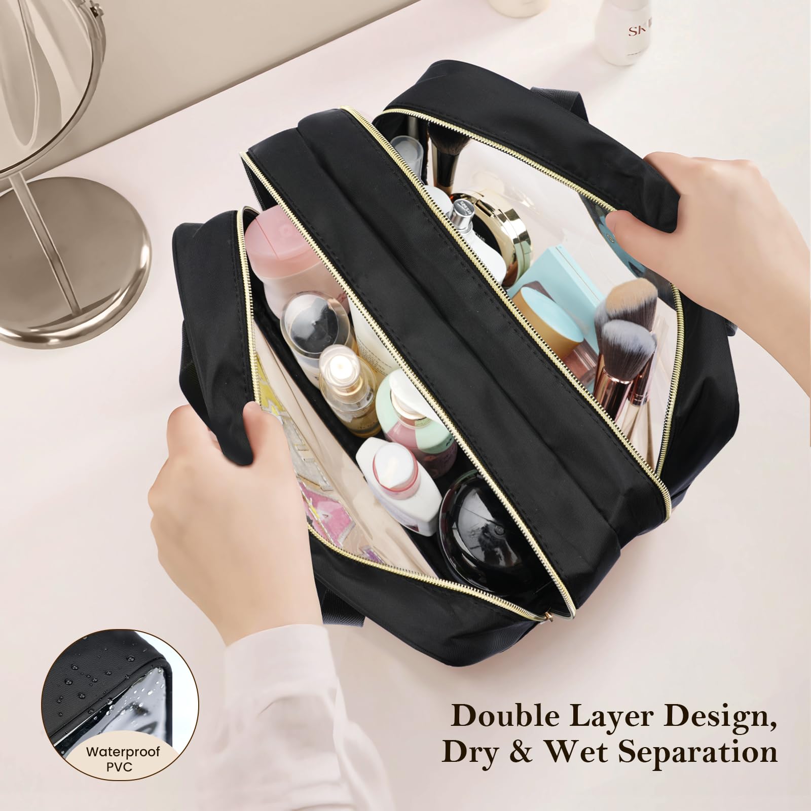 Yowivon Extra Large Waterproof Travel Pouch for Toiletries & Makeup - Clear TSA-Approved Cosmetic Bag for Sunscreen, Skincare & Snacks - Perfect for Beach, Camping, Business Trips, Swimming & Stadium Events (Black, XL)