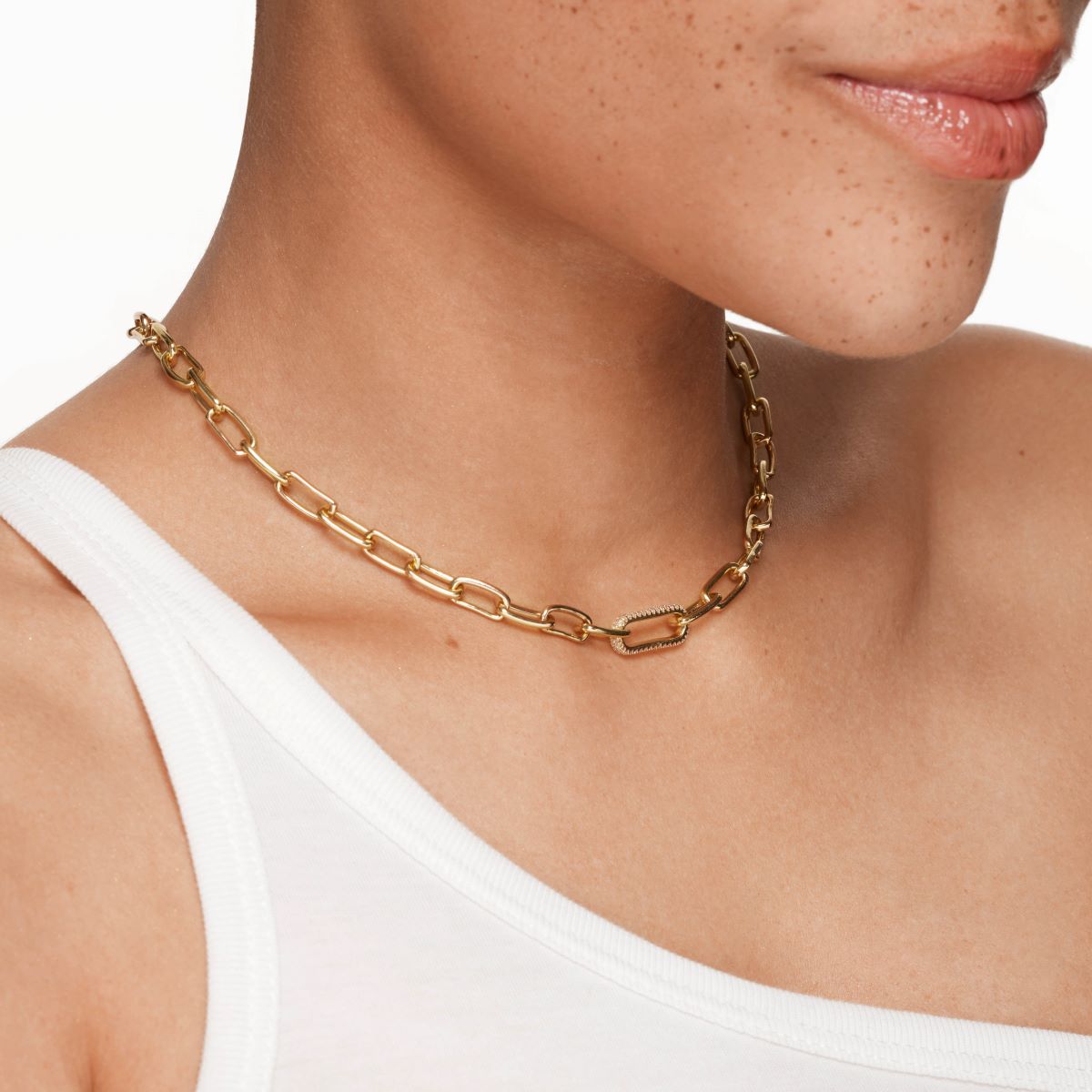 14K Gold White Zircon Pave Paperclip Link Chain Necklace - Elegant Layering Piece for Women, Perfect for Everyday Wear & Special Occasions