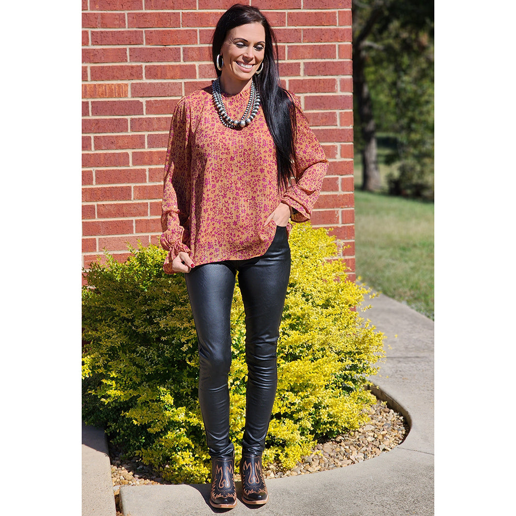 Andree Women's Rust & Plum Floral Blouse - Elegant Long Sleeve Tops for Work, Party & Date Night | Comfortable & Stylish Blouse for Women