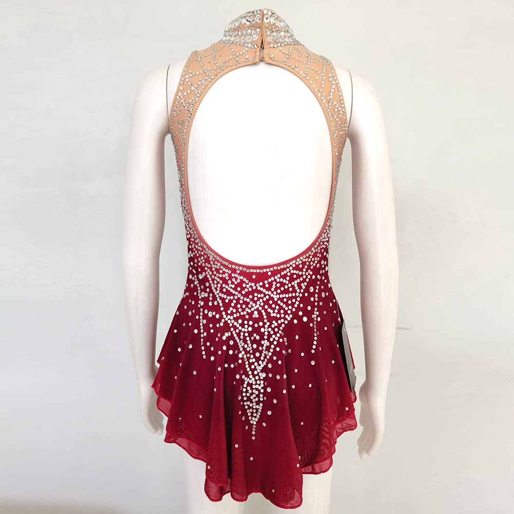 Red Gradient Figure Skating Dress - Turtleneck Sleeveless Competition Costume for Girls with Rhinestones | Perfect for Ice Shows, Performances & Championships