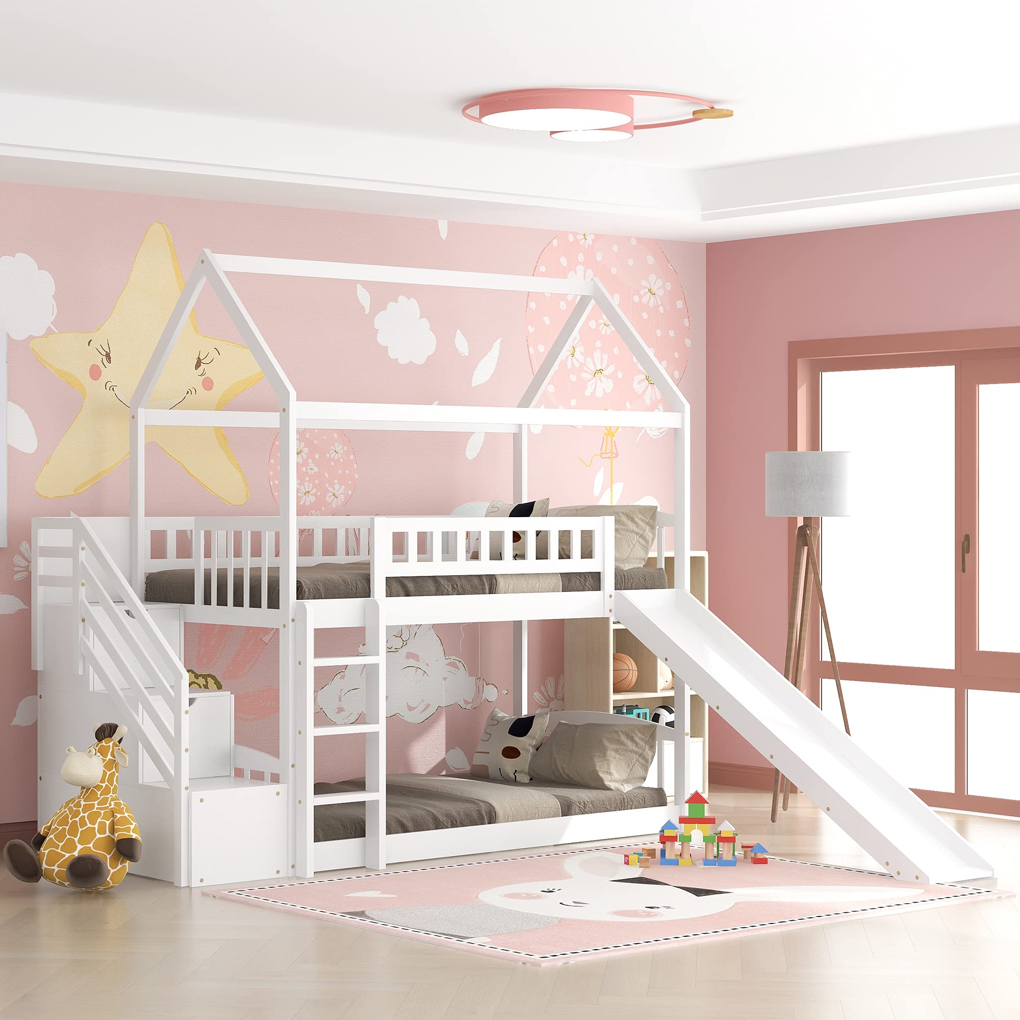 Twin Over Twin Wooden House Bunk Bed with Slide, 2 Drawers, Roof & Guardrails - Kids/Teens House-Shaped Bed, No Box Spring Needed (White) - Perfect for Small Bedrooms, Shared Kids Rooms & Vacation Homes