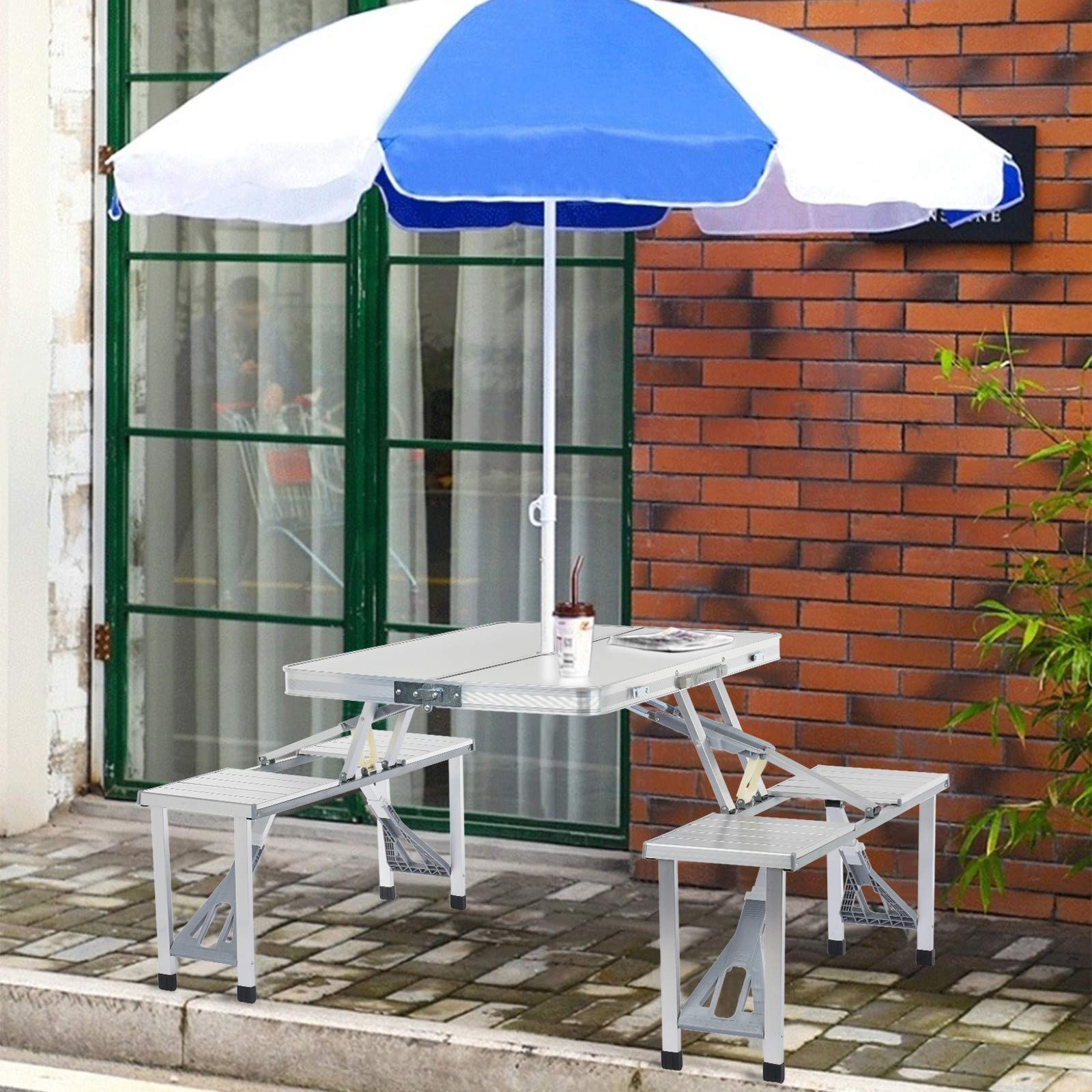 Portable 4-Person Folding Camping Table with Chairs - Lightweight Outdoor Picnic Table Set with Umbrella Hole for Beach, Backyard, RV & Travel (Silver) - Perfect for Camping Trips, Tailgating, and Outdoor Gatherings