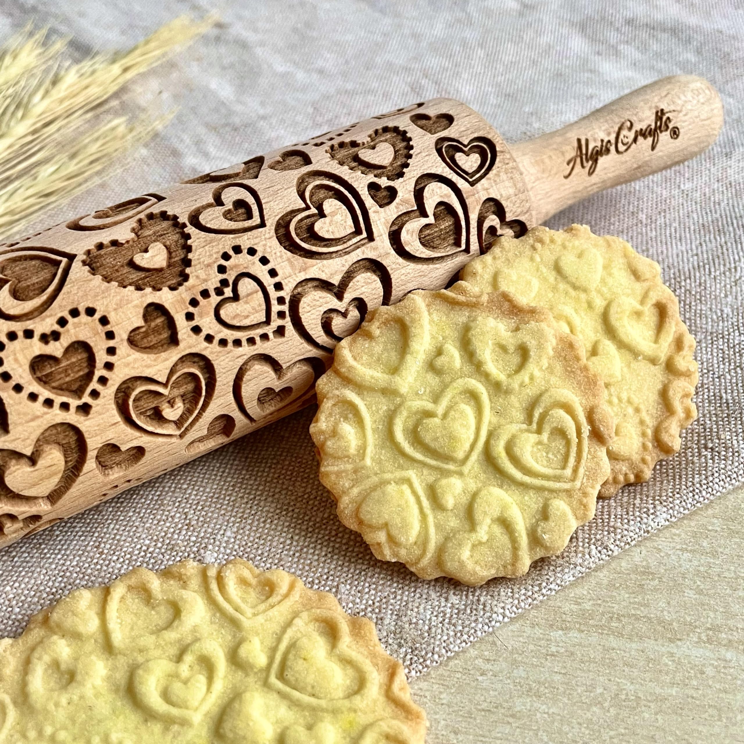 Heart-Shaped Kids Rolling Pin for Embossed Cookies - Laser Engraved Dough Roller for Baking, Play Dough & Salt Dough - Perfect Gift for Boys & Girls Birthday by Algis Crafts - Ideal for Holiday Baking, DIY Crafts & Kids Cooking Activities