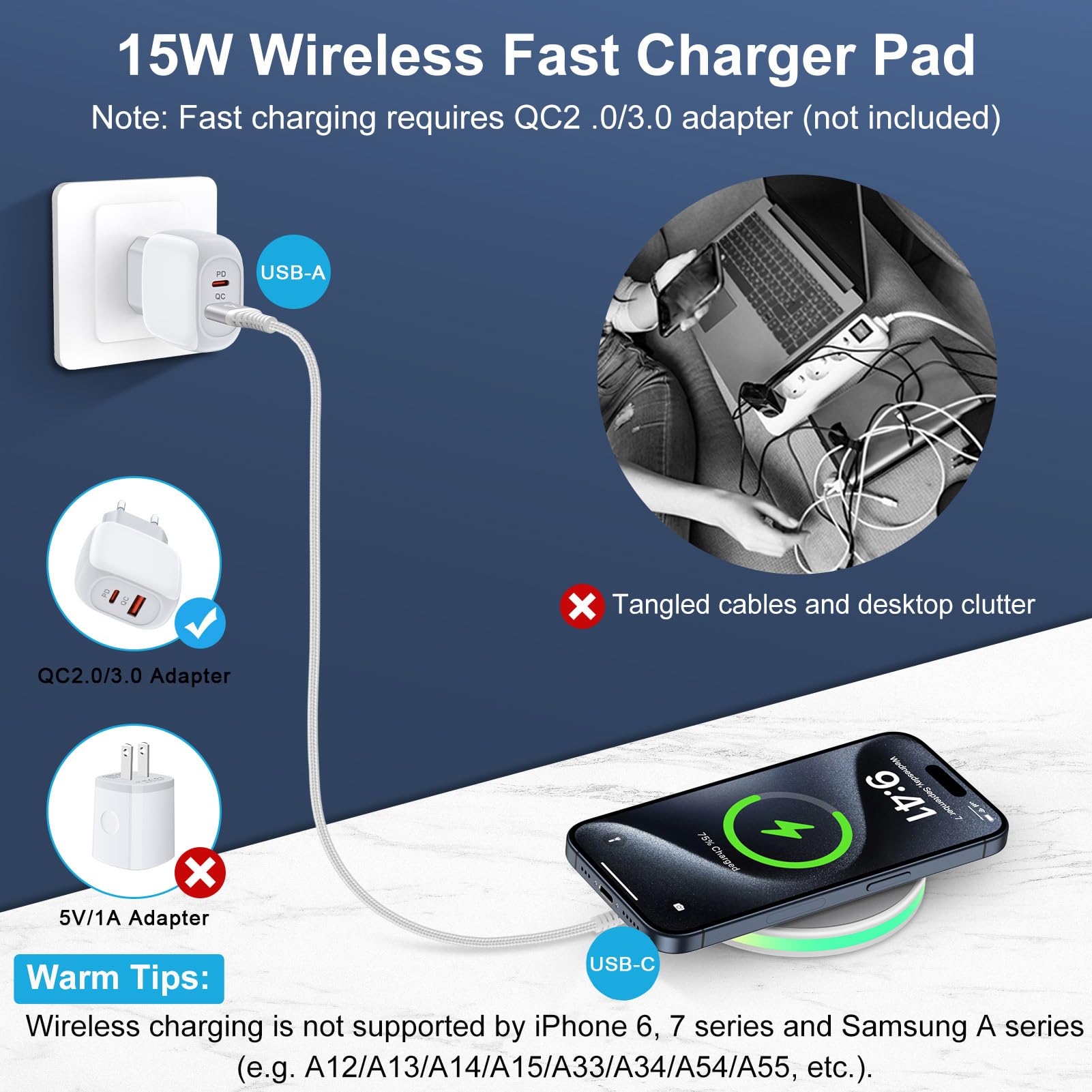 Samsung 15W Fast Wireless Charger Pad - Qi-Certified Charging Station for iPhone 16/15/14/13/12/11 Pro Max, Galaxy S25 Ultra/S24+/S23 FE/S22+/S21/S20, Google Pixel 9/8/7 Series | Perfect for Bedside, Office & Car Use