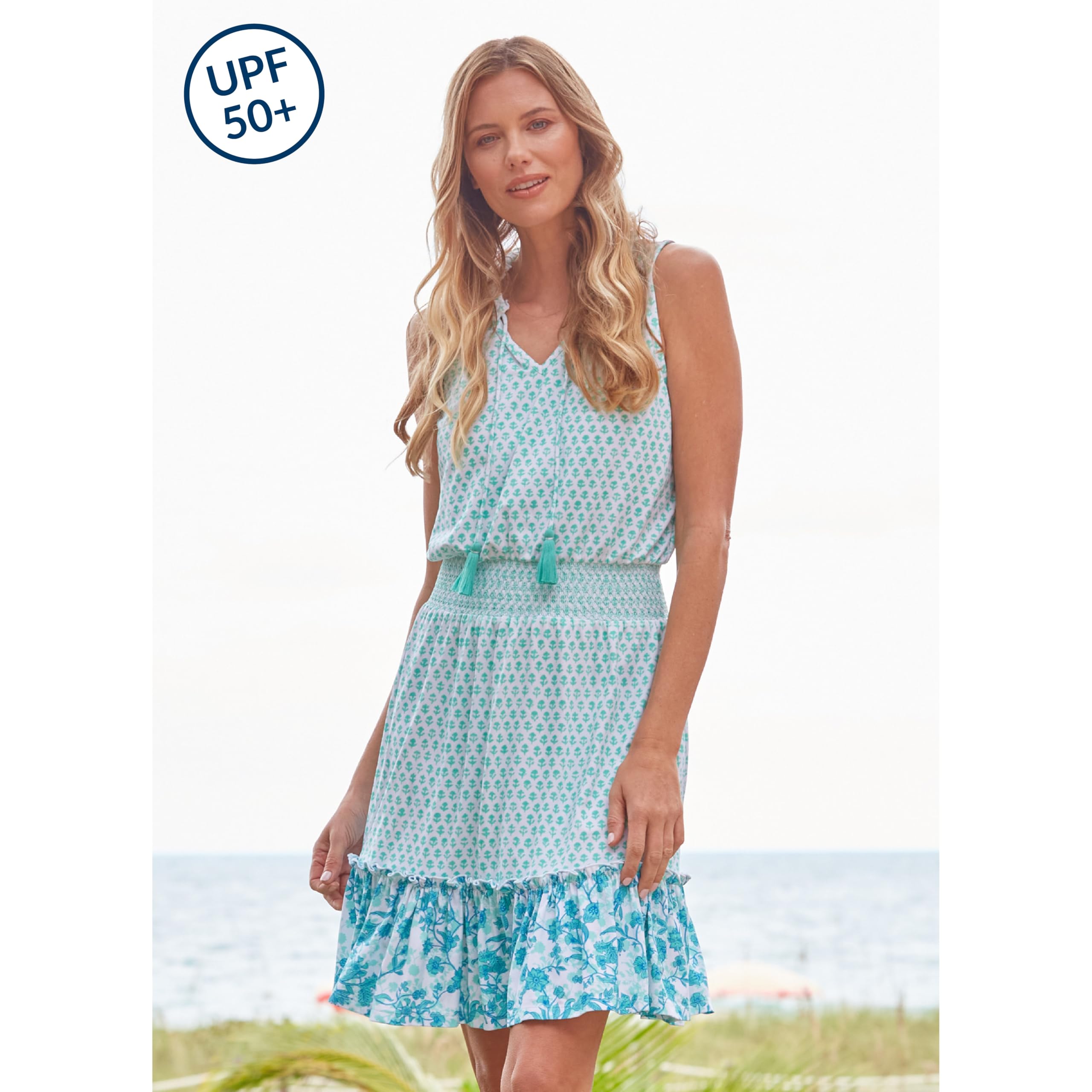 Cabana Life Women's SPF 50+ Sun Protective Smocked Waist Sundress - UPF 50+ Nylon/Spandex Beach Cover-Up Dress for Summer Vacation, Pool Party & Outdoor Activities