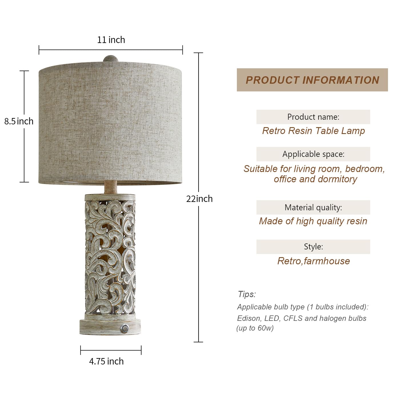 OYEARS 3-Way Dimmable 22'' USB A+C Touch Control Table Lamp with Nightlight - Modern Bedside Lamp for Living Room, Bedroom, Office & Nursery - Includes LED Bulb (Warm White/Cool White) - Perfect for Reading, Working & Relaxing at Night