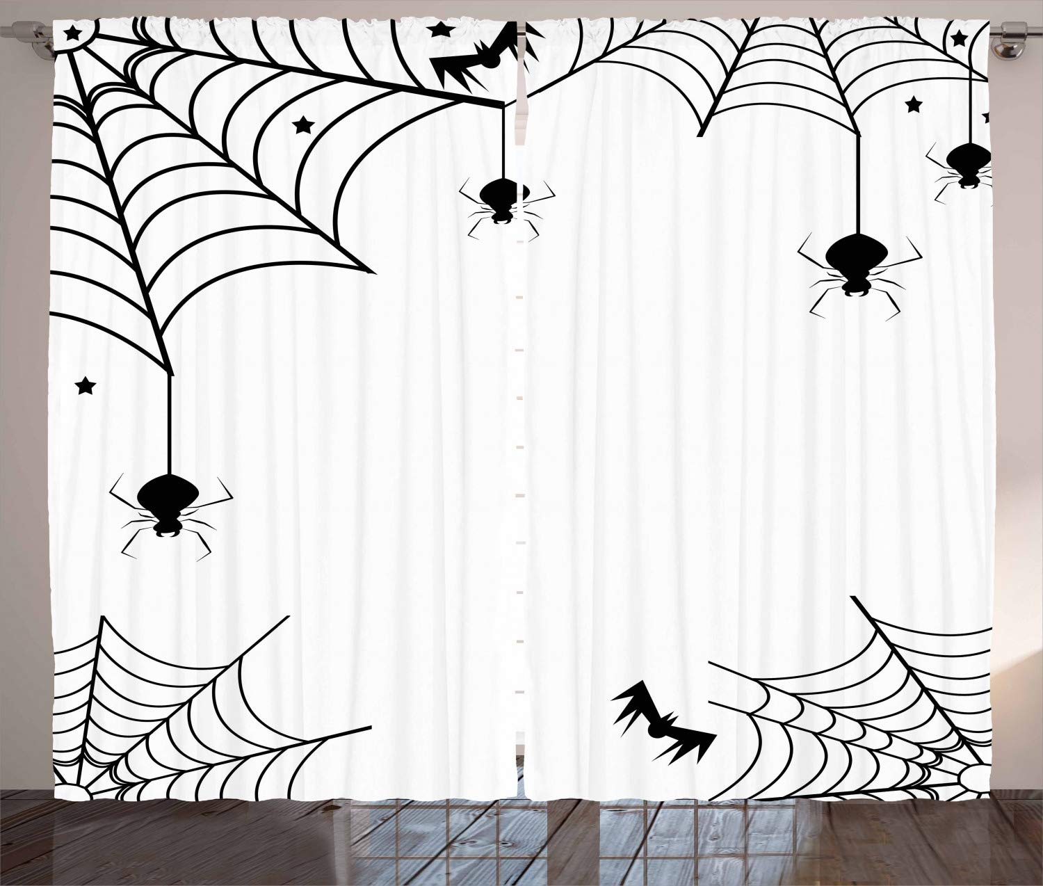 Ambesonne Halloween Blackout Curtains - Spiders, Bats & Stars Monochrome Design - Spooky Horror Window Drapes for Living Room & Bedroom - 2 Panel Set (108