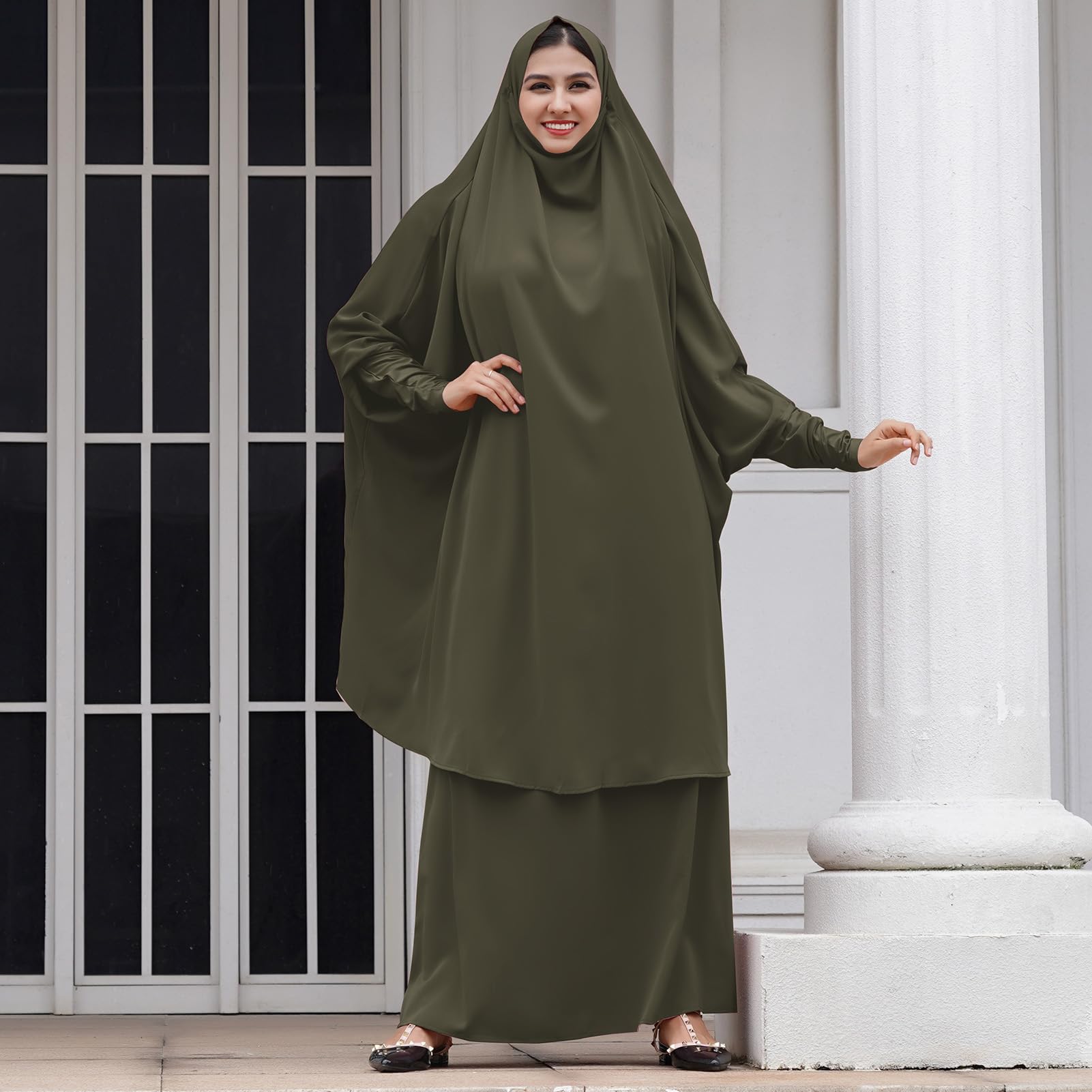 Islamic Modest Prayer Dress for Women - Full Cover Long Khimar Skirt & Hijab Abaya Set | 2-Piece Muslim Kaftan with Niqab | Long Sleeve Middle Eastern Dubai Style | Perfect for Prayer, Mosque & Special Occasions | Army Green