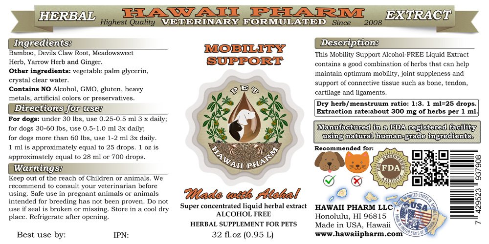 HawaiiPharm Mobility Support for Pets - Alcohol-Free Herbal Liquid Extract - Natural Joint & Hip Supplement for Dogs & Cats - 2 x 32 oz Bottles - Supports Healthy Movement & Comfort - Perfect for Senior Pets & Active Animals