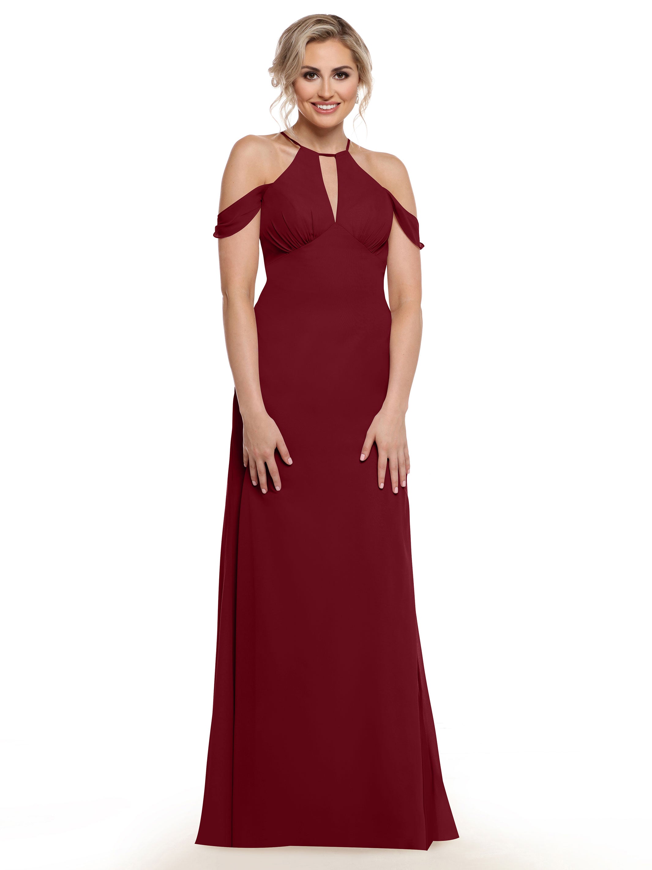 Elegant Off-the-Shoulder Chiffon Bridesmaid Dress with Halter Neckline - Perfect for Weddings, Formal Events & Special Occasions
