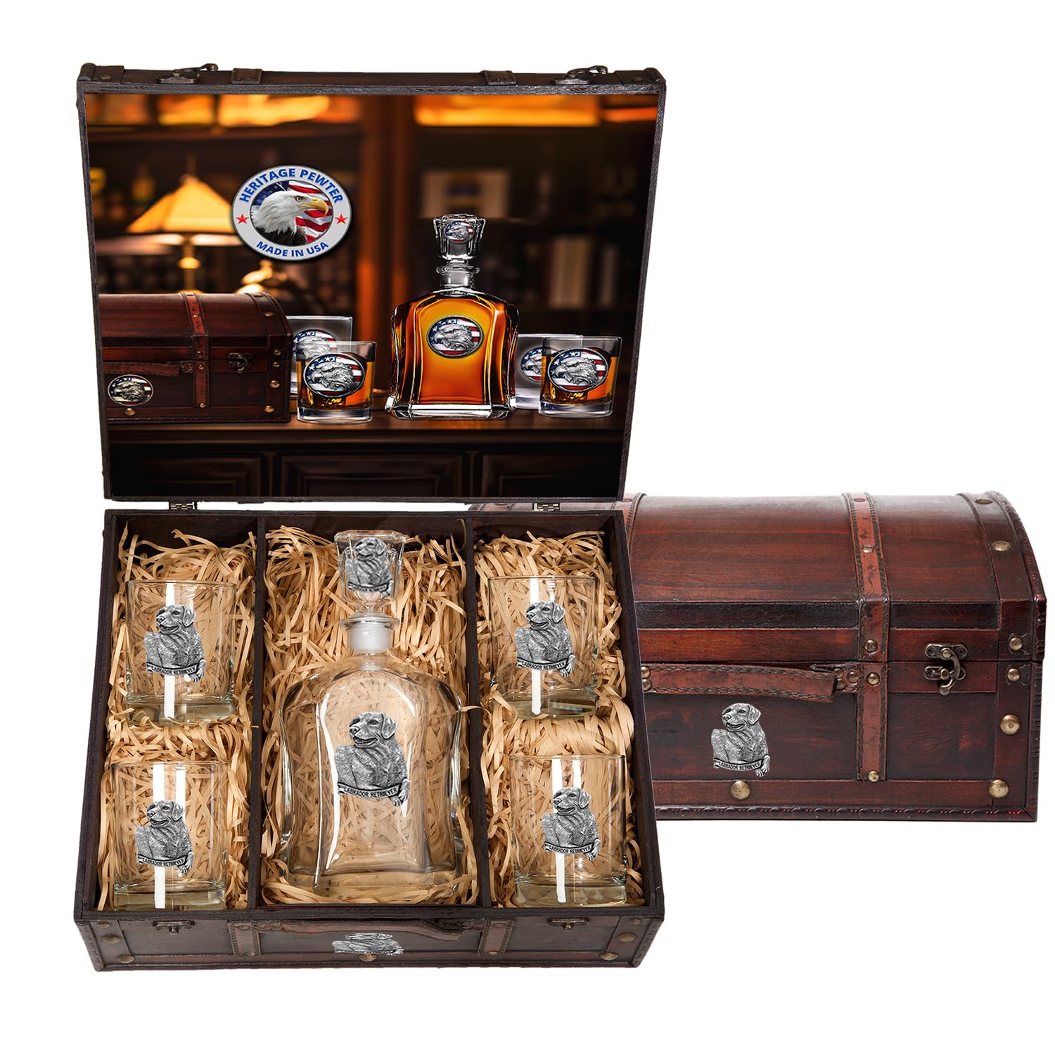 Premium Labrador Retriever Capitol Decanter and Chest Set - 24oz Whiskey Decanter with 4 Double Old-Fashioned Glasses - Handcrafted Pewter Barware for Whiskey Lovers | Perfect for Home Bars, Gifts & Collectors