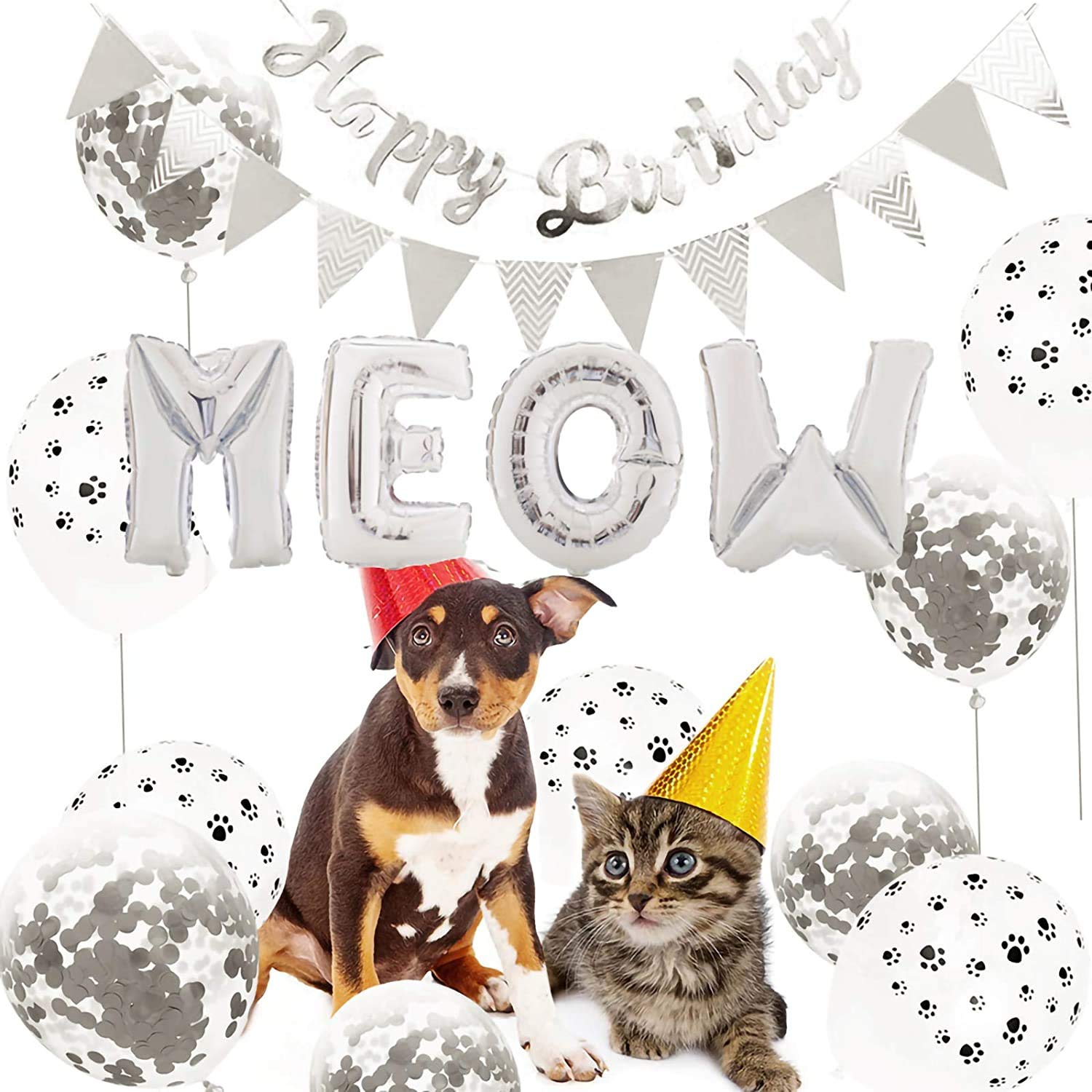 Cat Birthday Party Decorations - Meow Letter Balloons, Cat Paw Print Balloons & Happy Birthday Banner | Pet Birthday Party Supplies for Cat Lovers | Perfect for Kitty Themed Birthday Celebrations & Pet Adoption Parties