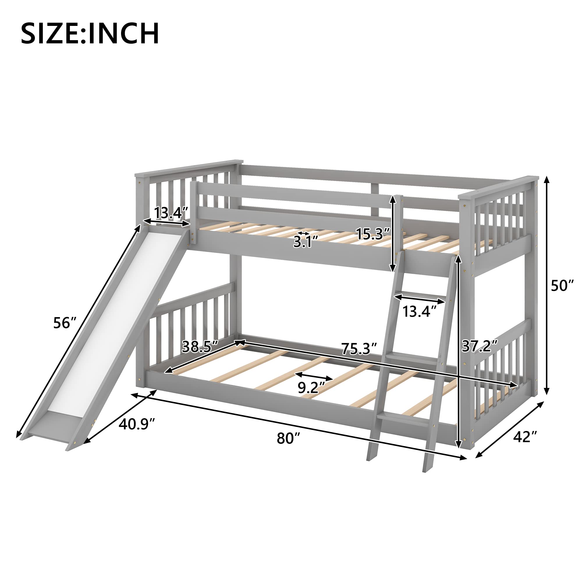 Harper & Bright Designs Twin Over Twin Bunk Bed with Slide & Angled Ladder - Sturdy Wooden Kids Bunk Beds for Boys and Girls, Space-Saving Floor Bunk Bed in Grey - Perfect for Small Bedrooms, Shared Kids Rooms & Sleepovers