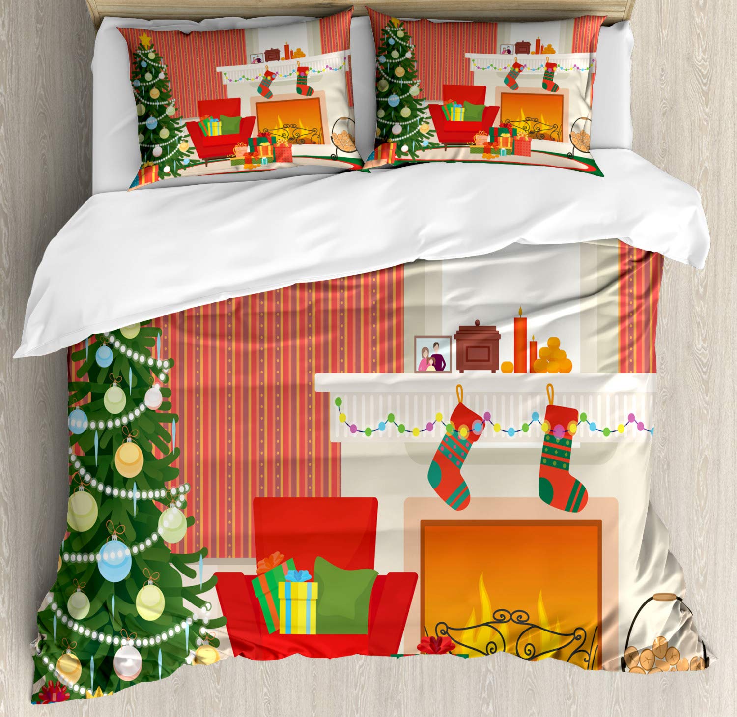 Ambesonne Christmas Fireplace Duvet Cover Set - Cartoon Holiday Tree & Gift Box Design 3-Piece Bedding Set with 2 Pillow Shams - California King Size Multicolor - Cozy Winter Bedroom Decor for Living Room & Guest Room
