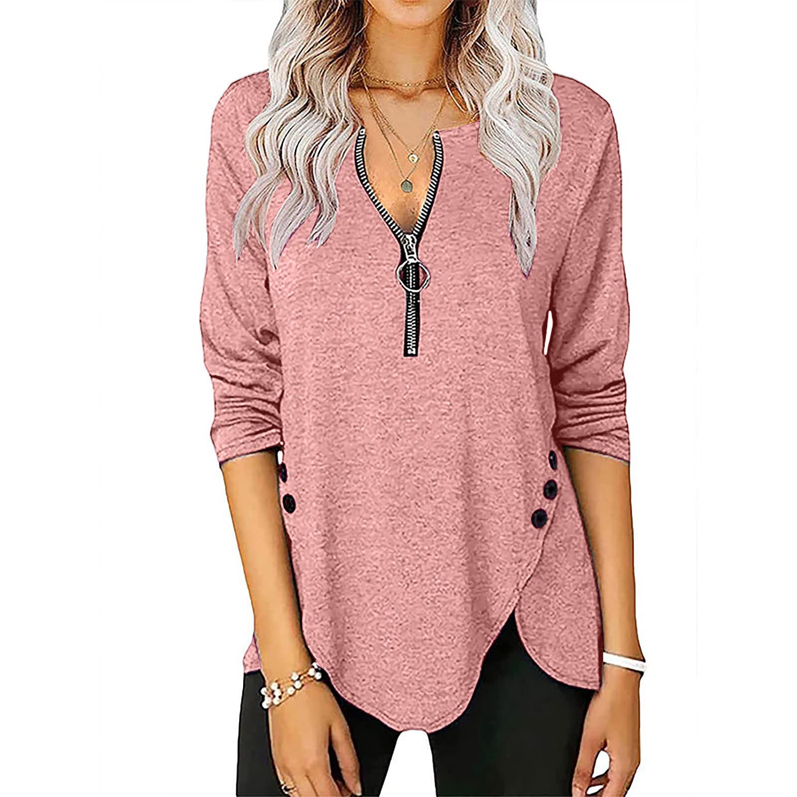 ZEFOTIM Women's Trendy Spring Fashion Tops - Button Trim Zipper Long Sleeve V-Neck Blouse Tee Tunic for Casual Wear | Office, Dating & Daily Outfits