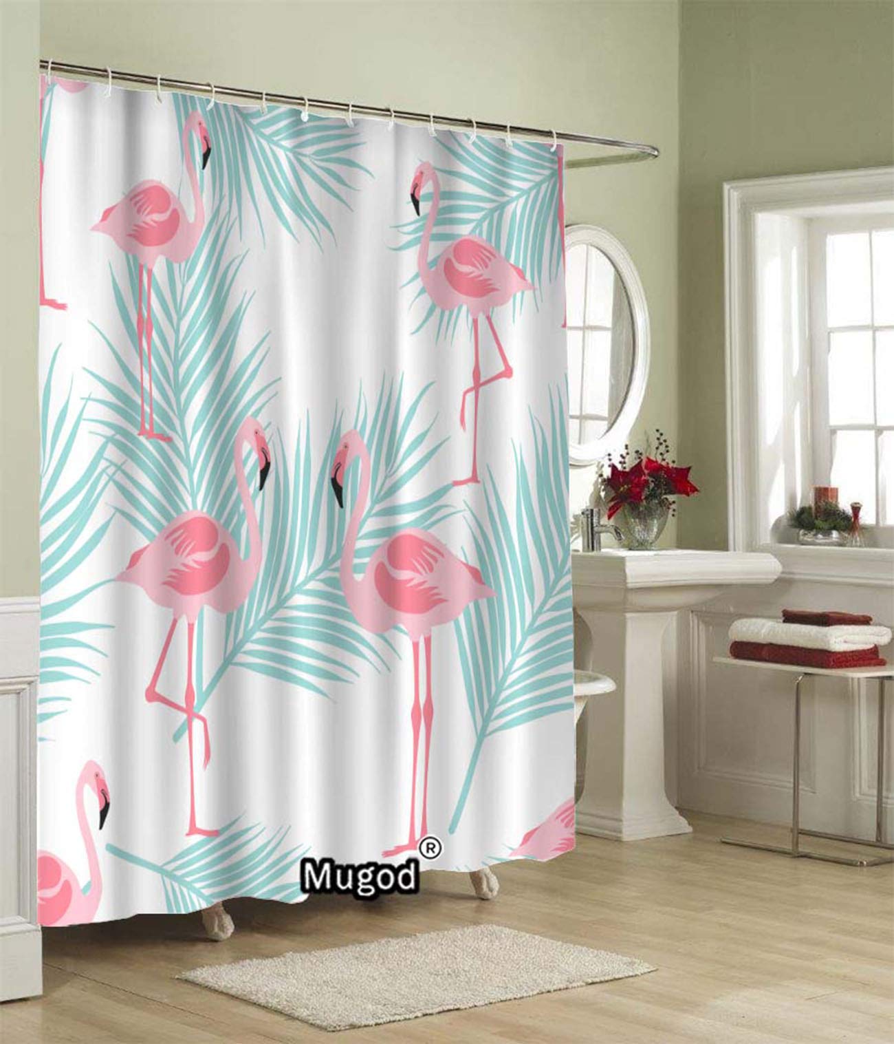 Pink Flamingo Shower Curtain - Waterproof Bathroom Decor with Tropical Leaves Design, 60x72 Inches Includes 12 Hooks | Perfect for Beach House, Tropical Bathroom, or Flamingo-Themed Decor