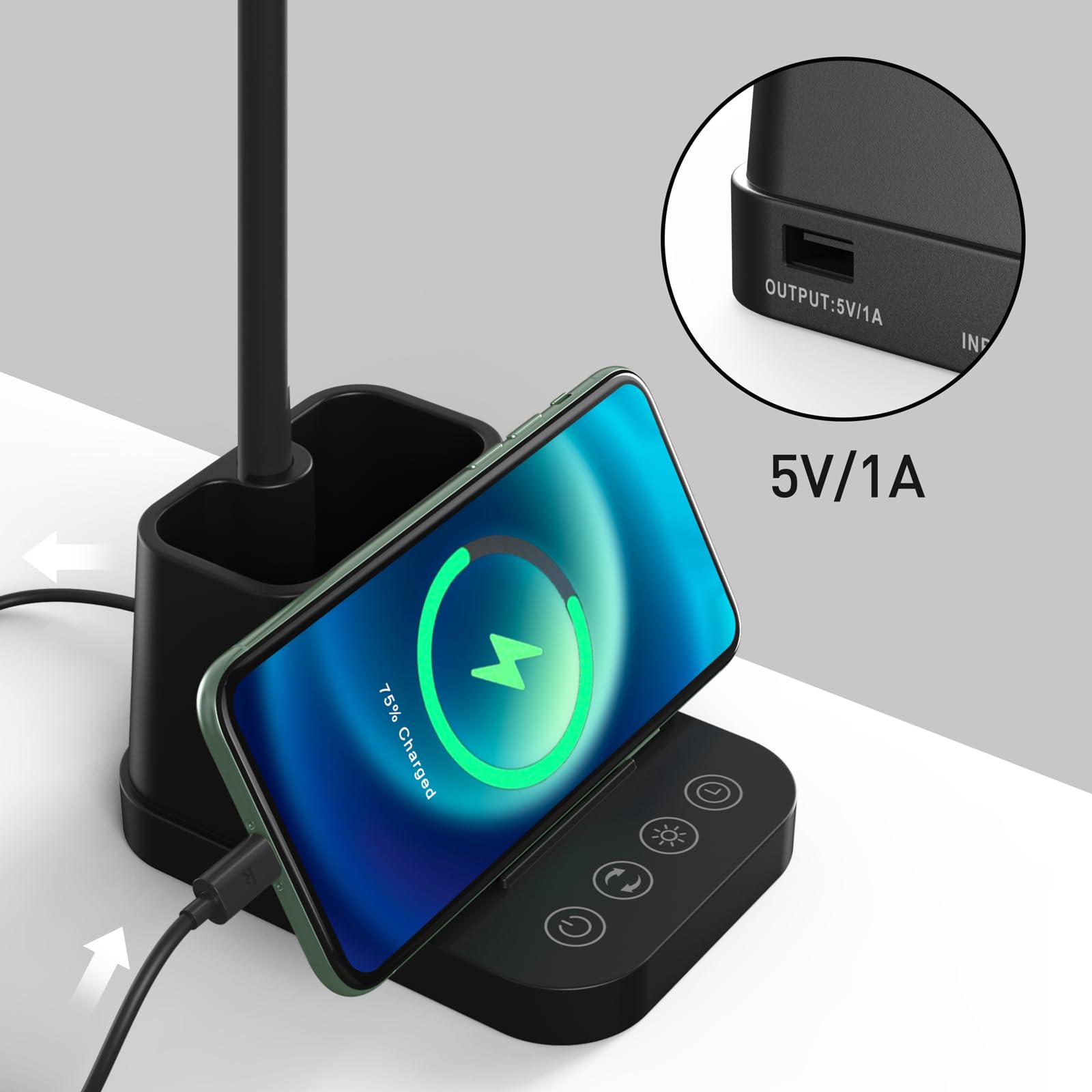 AXX LED Desk Lamp with USB Charging Port - Adjustable Gooseneck Study Light for Home Office, Bedroom & College Dorm - 650LM Brightness, Timer Function, Pen Holder - Perfect for Reading, Working & Studying (Black)
