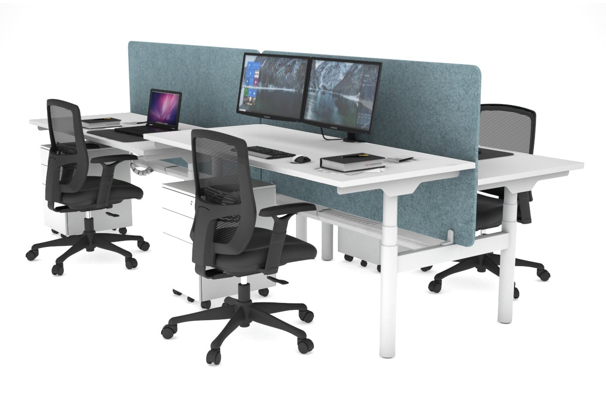 Flexi Premium Height Adjustable 4-Person H Bench Workstation - White Frame [1400L x 700W] - Ergonomic Office Desk for Collaborative Workspaces & Coworking Environments