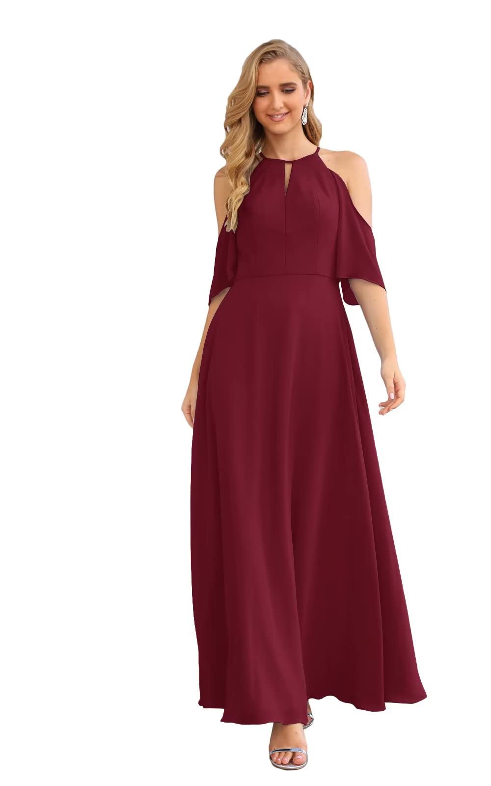Elegant Cold Shoulder Bridesmaid Dress - Long A-Line Chiffon Formal Gown for Women | Wedding, Prom, Evening Party & Special Occasions