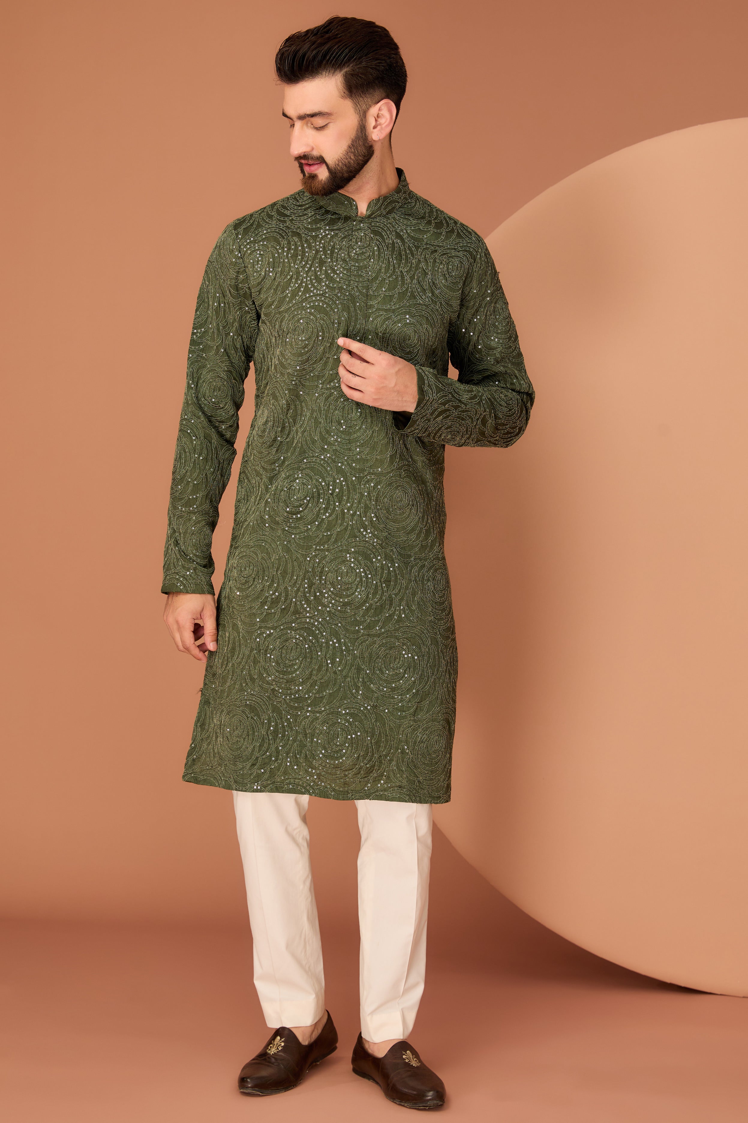 Military Green Floral Embroidered Kurta for Women - Elegant Indian Traditional Dress for Festivals, Weddings & Casual Wear