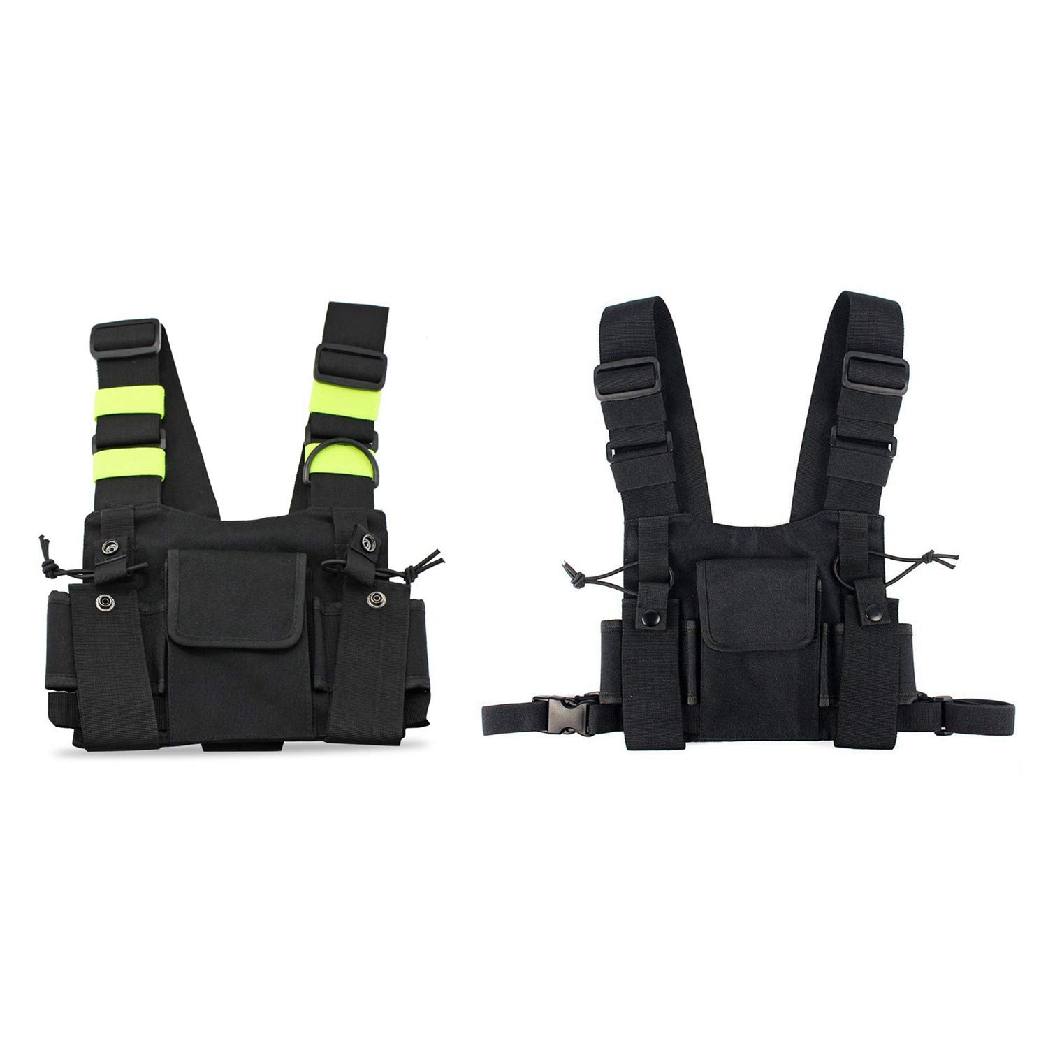 Beelooom 2X Chest Harness Radio Pouch Vest - Durable Walkie Talkie Carry Case for Baofeng UV-5R (Black & Black/Yellow) - Perfect for Security, Construction, Hiking & Outdoor Activities