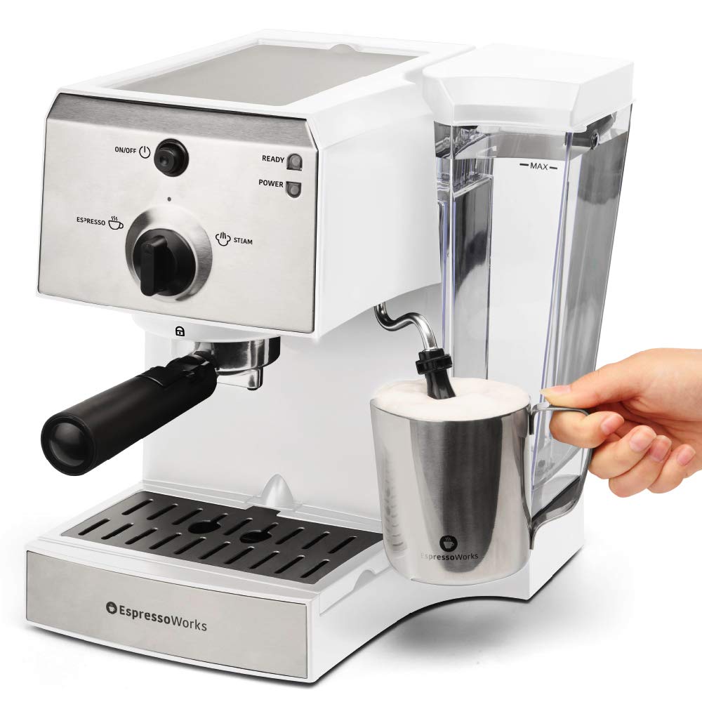 EspressoWorks All-In-One Espresso Machine with Milk Frother - 7-Piece Cappuccino Maker Set Includes Coffee Grinder, Frothing Pitcher, Cups, Spoon & Tamper - Perfect for Home Baristas & Coffee Lovers (White) - Ideal for Morning Brews, Entertaining Guests & Coffee Shops