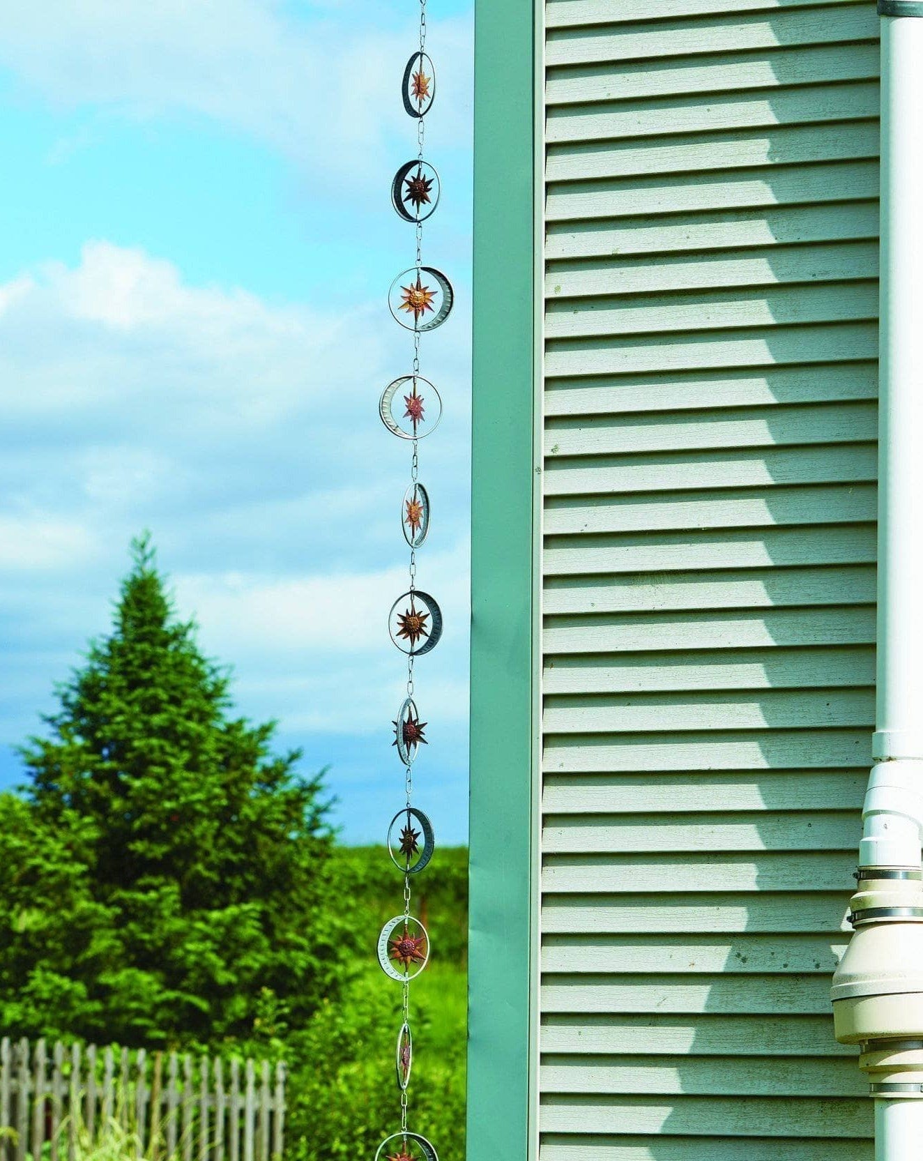 Handmade Sun and Moon Rain Chain for Outdoor Garden Decor - Perfect for Downspout Drainage & Zen Water Feature